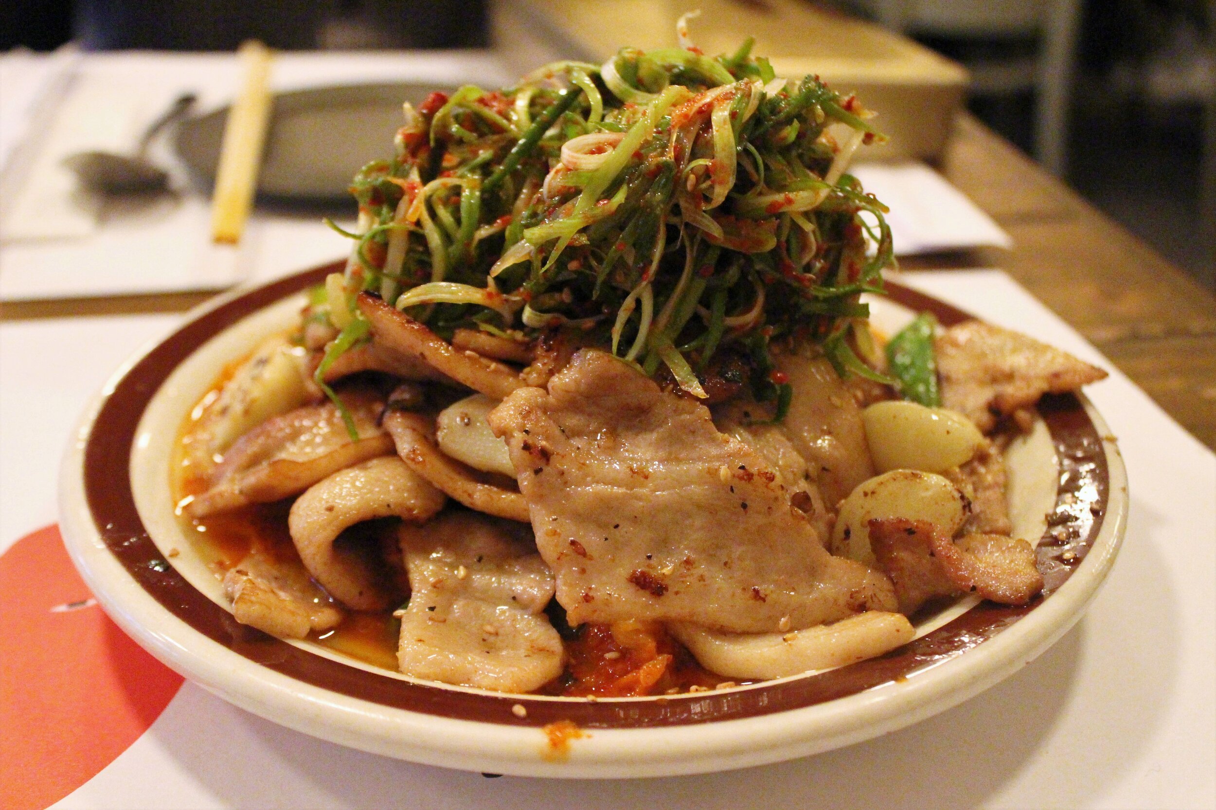 Spicy Pork Belly &amp; Stir Fried Kimchi with Scallion Salad