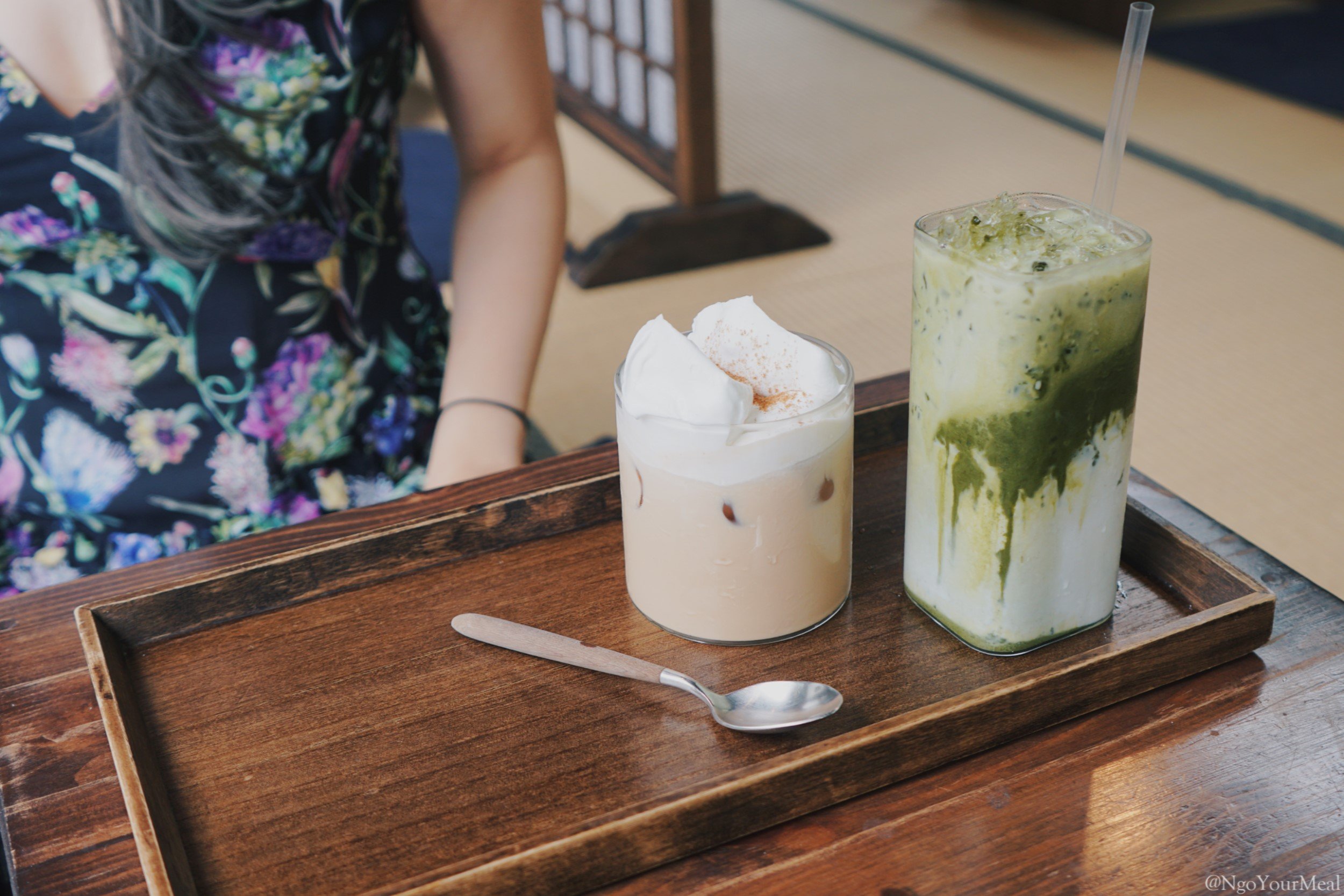 Iced Matcha with Milk and Iced Black Tea with Cream at Cheongsudang
