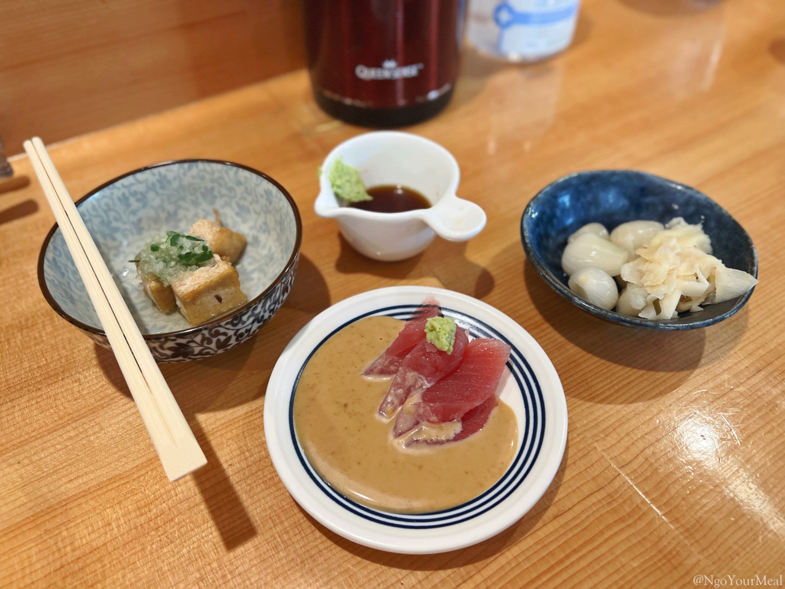 Tofu, Tuna Sashimi, Ginger, and Rakkyo