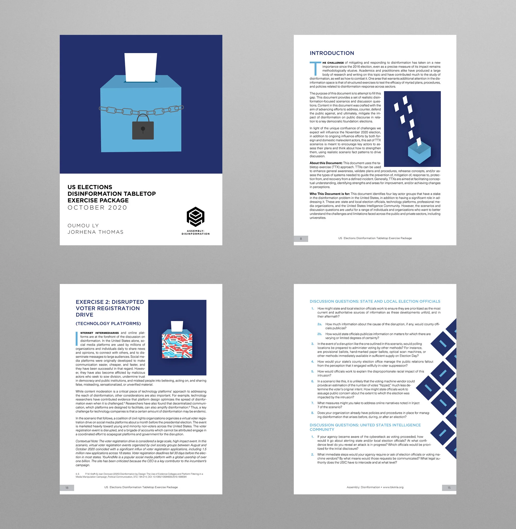 Pages from a tabletop exercise published from a program at the Berkman Klein Center focused on election disinformation and voting, where I also designed the small voting graphics.