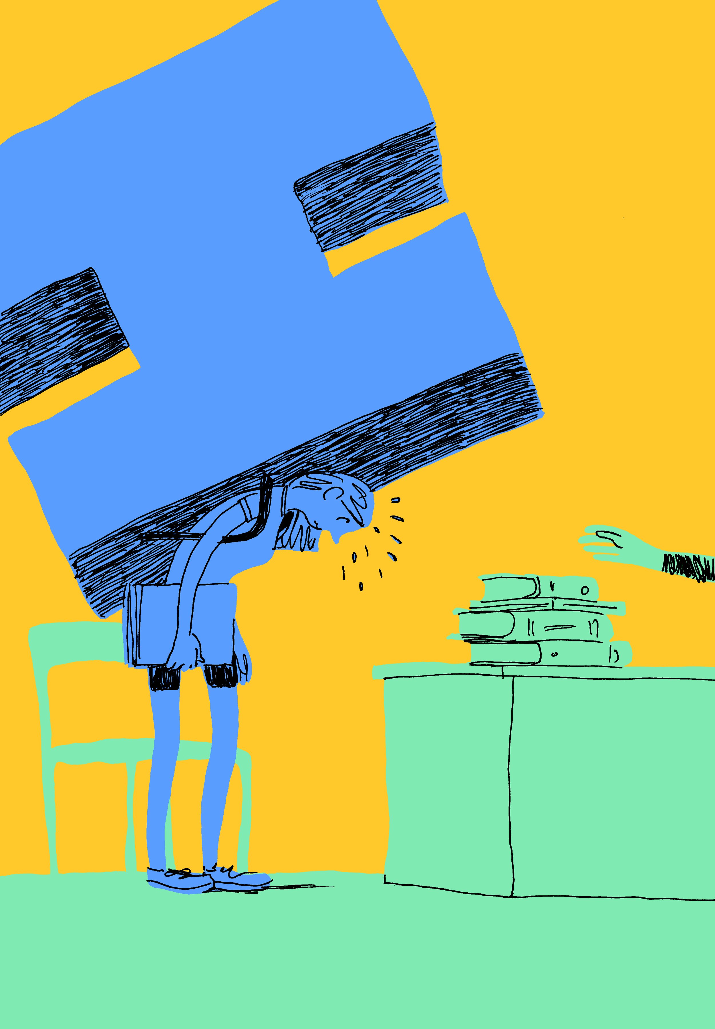  An illustration by Guido Scarabottolo for an article about working in the Writing Center in the November-December 2017 issue of  Harvard Magazine  