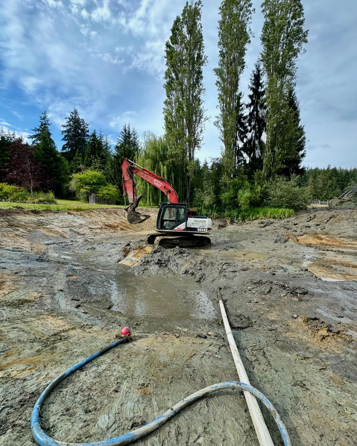 This farm pond, estimated to be around 70 y/o was due for a major muck out &amp; re-shaping. The pond walls have been steepened to prevent excessive cattail inundation (Cattails prefer a water depth of 1m or less). Pockets of aquatic plants have been