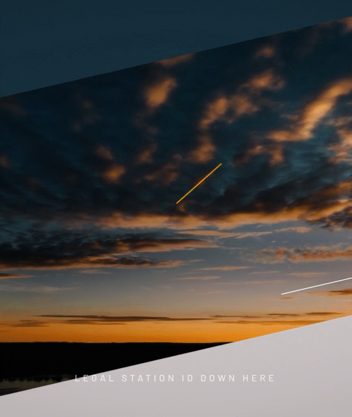 Abstract scene with clouds and diagonal lines, text reads 'Legal Station ID Down Here'.