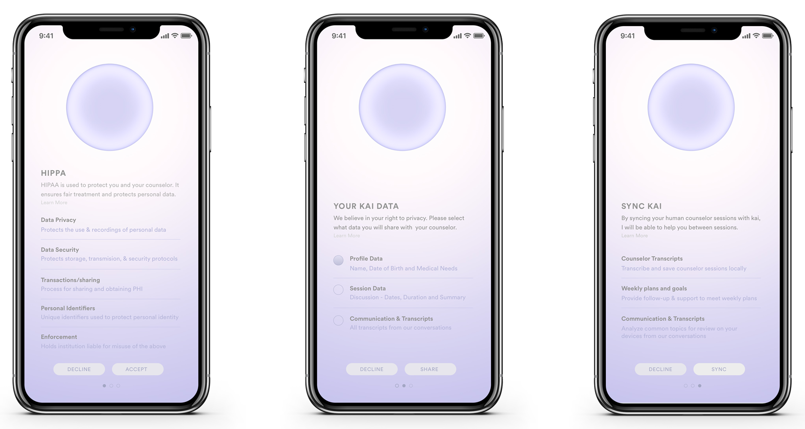 We prototyped a situation of permissions that Kai would ask the user in order to share their data with the counselor. this included permissions for the HIPPA agreement, sharing for all types of personal data, and permission to sync Kai with counselo…
