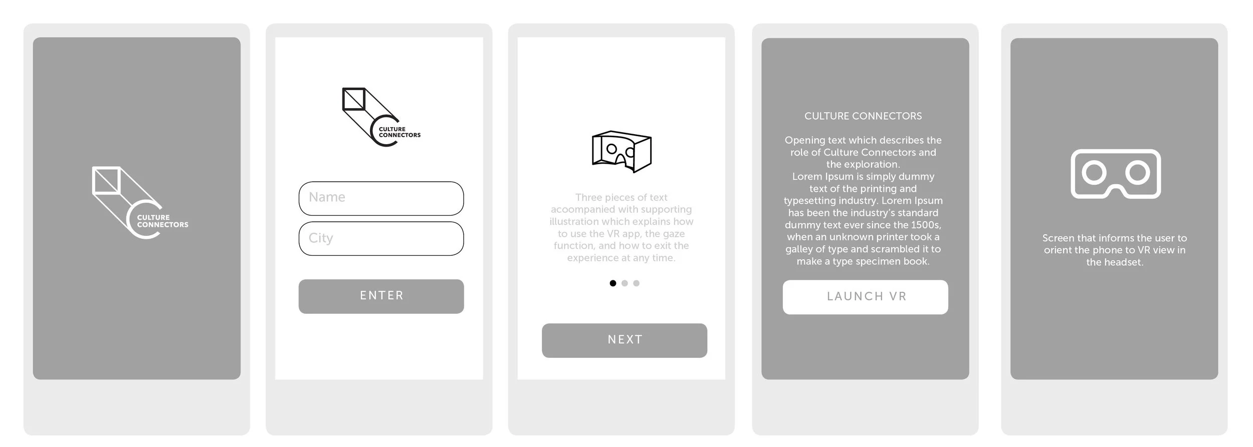 Wireframe for the opening sequence of the app