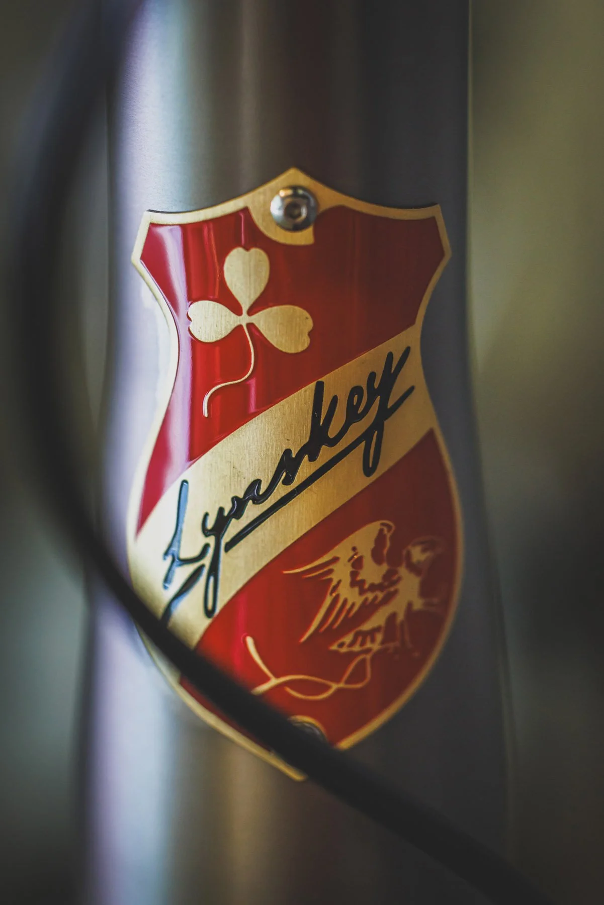 Industrial Photographer Richmond - Close-up by Industrial Photographer Richmond: red and gold Lynskey bicycle head badge with shamrock and bird emblem.