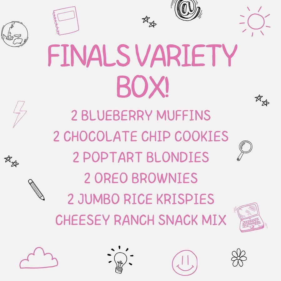 It&rsquo;s almost time for finals again!! ⁣
Let us help keep your #Boiler fueled as they finish up the semester! ⁣
⁣
Finals boxes will be $35 &amp; will be available for pick up or delivery starting Monday 4/22 - Thursday May 2 (𝘯𝘰 𝘚𝘶𝘯𝘥𝘢𝘺 𝘰?
