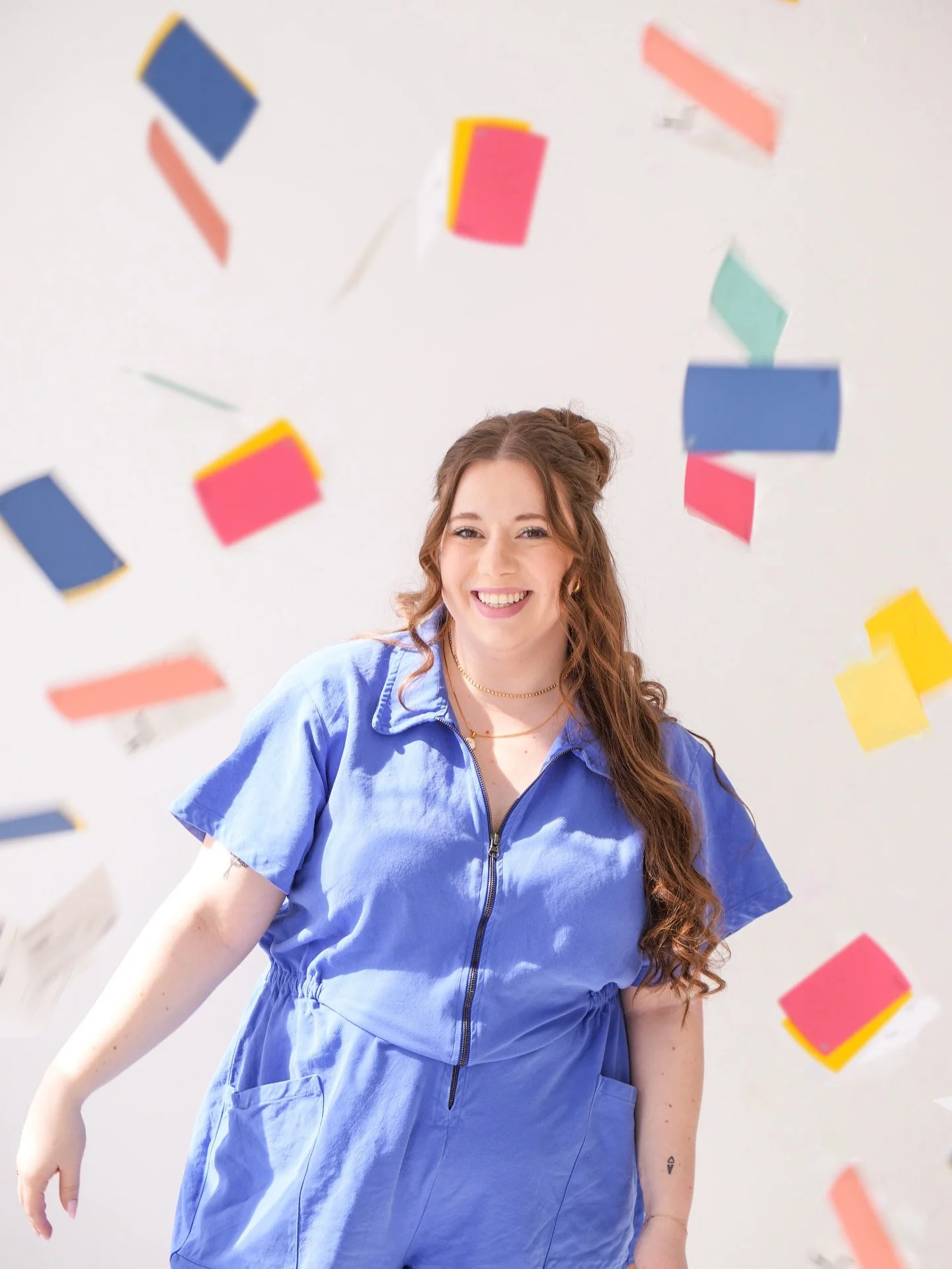 why throw confetti when you can throw paint swatches? 🎨✨ more mural meetings have been happening lately &amp; I&rsquo;d love to paint your blank walls🫶🏻 curious about adding a mural to your business? DM me and I&rsquo;ll send you my mural info doc