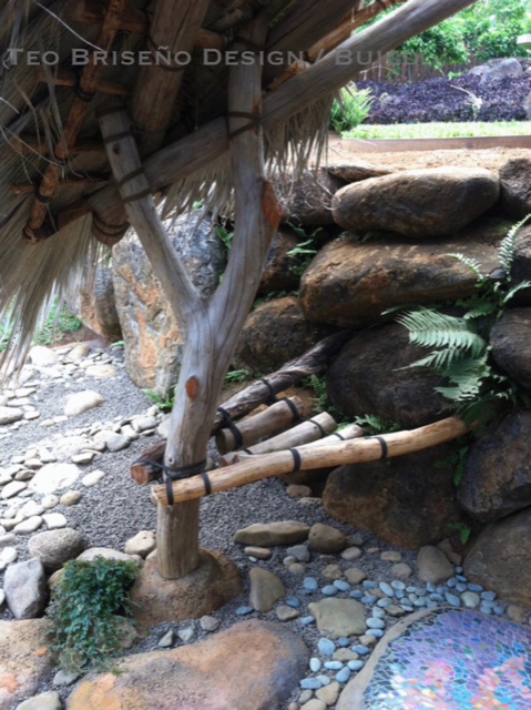  Hawaiian hard wood branches used for outdoor shower thatch post and beam structure. 