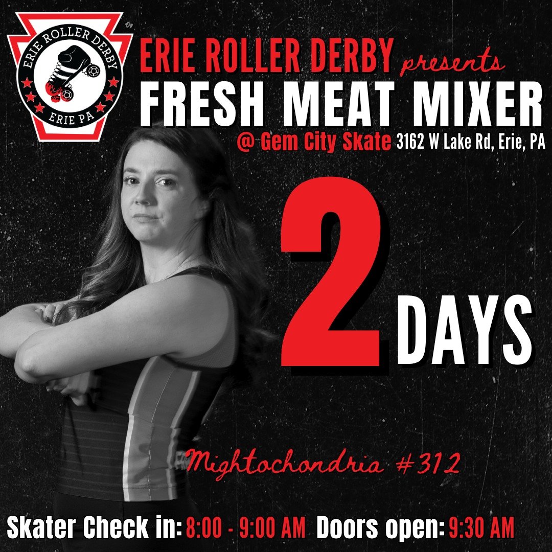 Only TWO more days until our 2025 Fresh Meat Mixer at @gemcityskate! This bout will feature our newest skaters, including #312, Mightochondria! Join ERD and skaters from the tri-state area for a great time!
Spectators will be $5 at the door. Seating