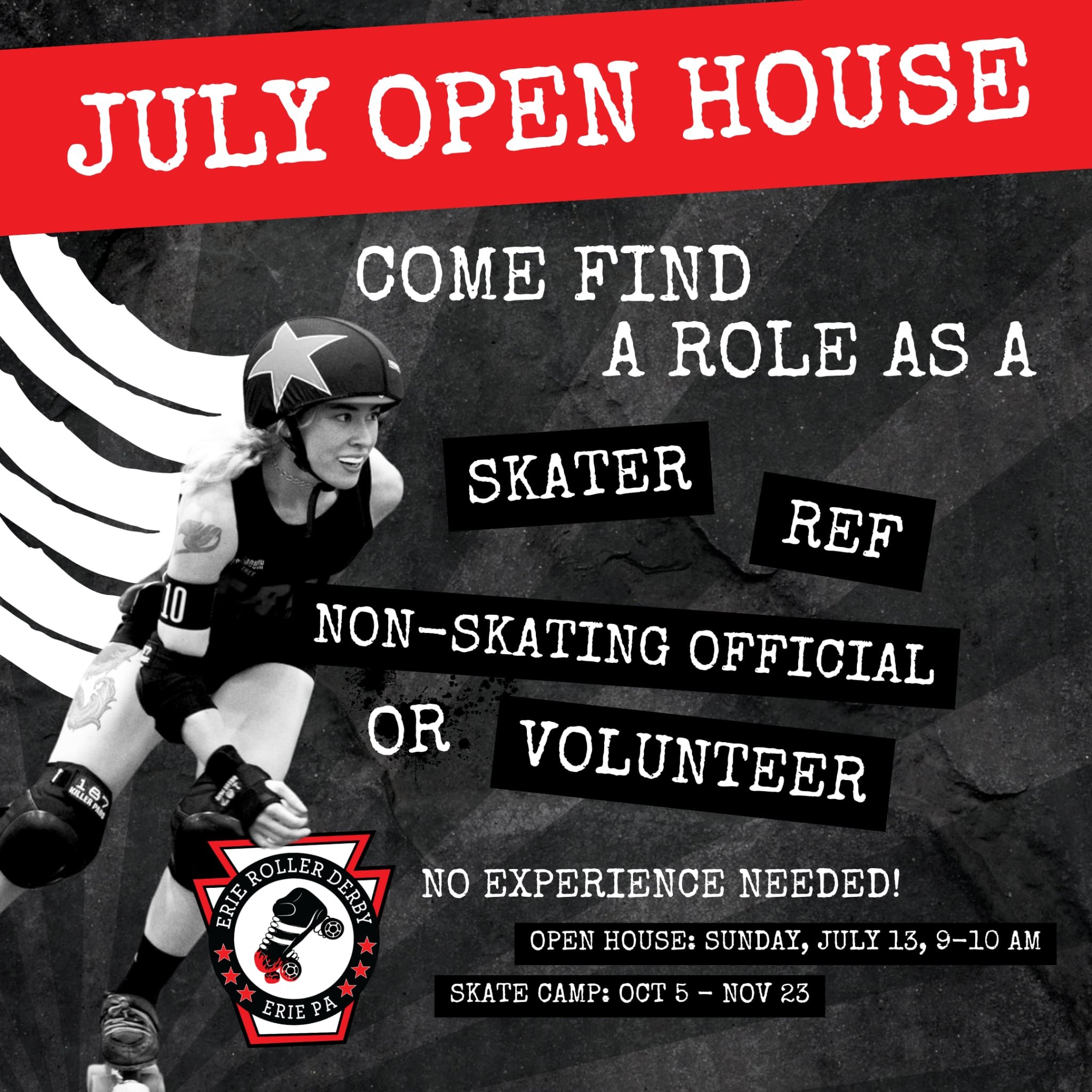 Don't miss one of your last chances to find out what roller derby is all about with ERD's July 13th open house. Join us from 9-10 AM to dip your toe into all things Erie Roller Derby, check out the required gear, and get some time on skates with some