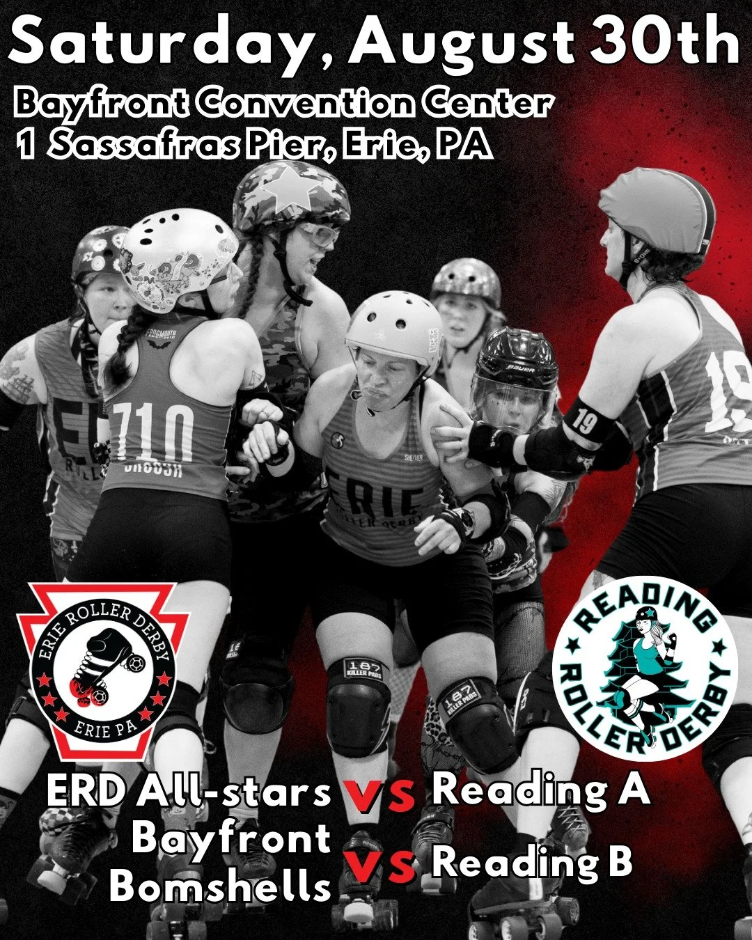 Don't miss the derby action this weekend! On Saturday, 8/30, we are hitting the track for a double header against our friends from Reading Roller Derby! Heading down to the beautiful Bayfront Convention Center to catch the action. Grab your tickets f