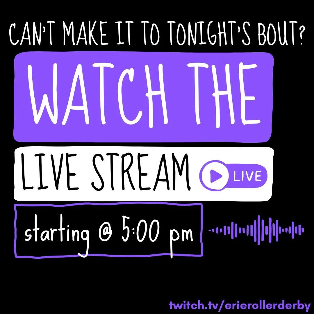 Can't make it to the Bayfront Convention Center for tonight's bout? Watch the live stream on Twitch starting at 5:00 PM today! Catch all the action at twitch.tv/erierollerderby
#erd #erierollerderby #erie #eriepa #keeperieweird #rollerderby #rollerd