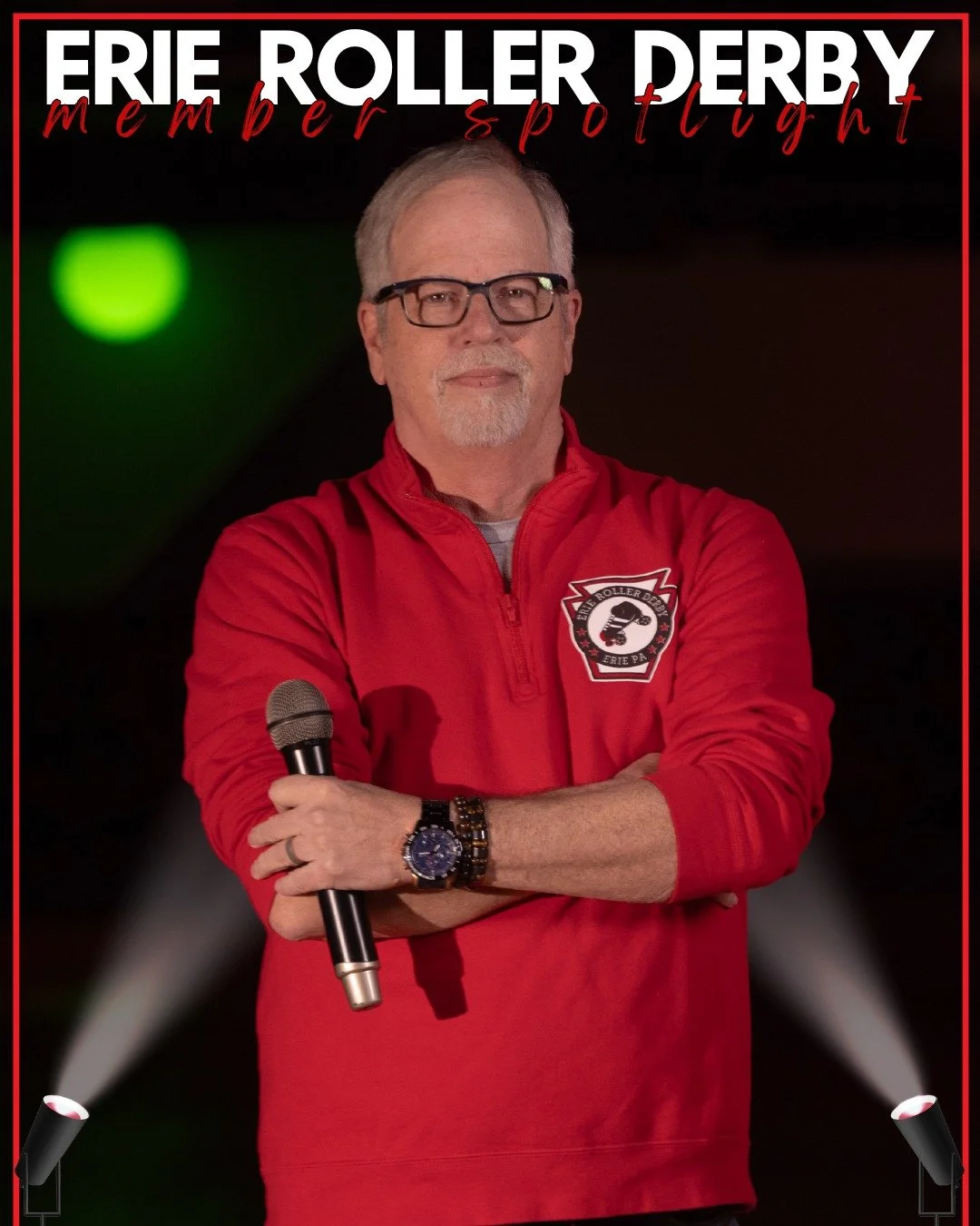 Today, the ERD spotlight is shining on our announcer, Rusty Wheelz! Rusty specializes in getting the crowd revved up! He came to us with decades of announcing experience, and over the last few seasons, he’s been on a derby crash course. Whether