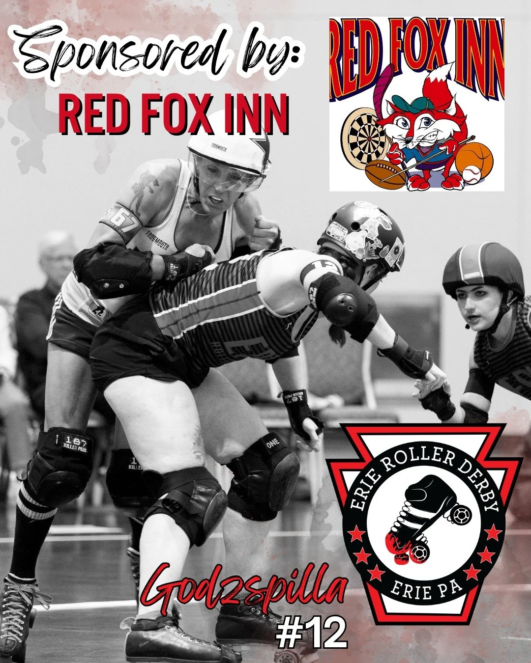 Skater Sponsorship is one of ERD's greatest resources! Our Skater Sponsors cover a skater's dues for the entire season. Talk about commitment! 🦇

For the 2024 season #12, Godzspilla was sponsored by Red Fox Inn. They are Southeast Erie's favorite sp