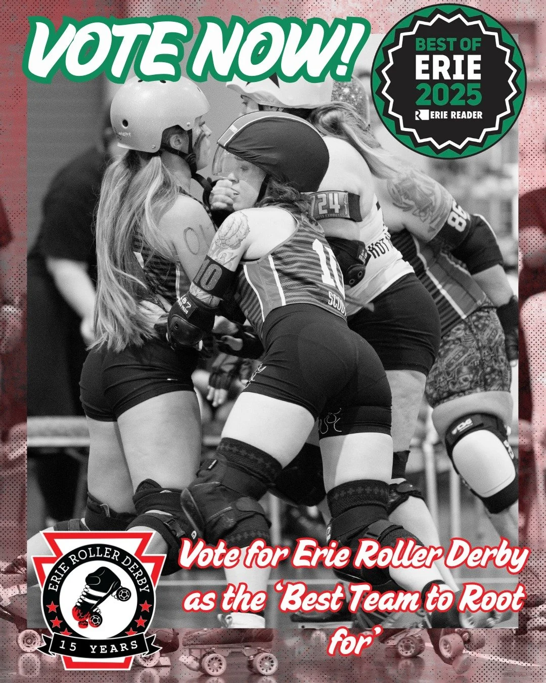 The time is here! Voting for @eriereader's 2024 Erie's Best is open! There are no fans more passionate than derby fans. Help us prove it! Head to the link in our bio, click on the 'Sports &amp; Recreation' category, find us on the ballot for 'Best Te