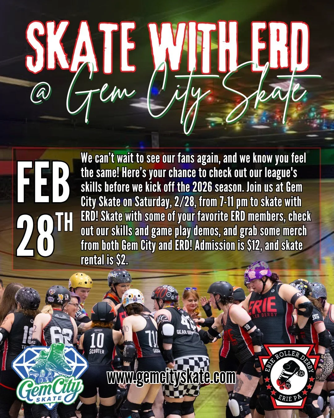 Make sure you head to @gemcityskate  this Saturday, 2/28, from 7-11 pm to skate with ERD! You'll be able to hit the rink with some of your favorite ERD members, watch some skills and gameplay demos, and grab merch from both Erie Roller Derby and Gem 