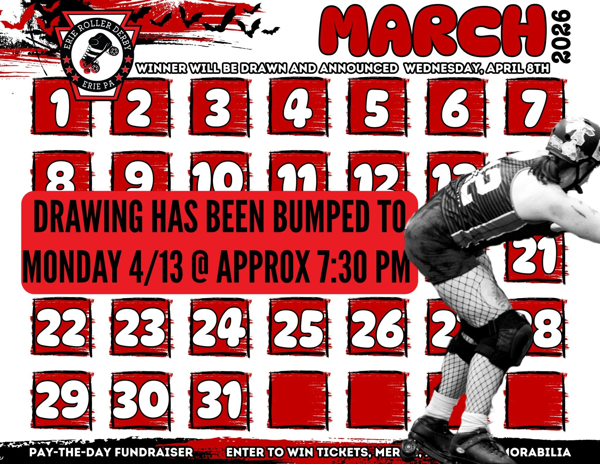 Oops! We caught derby fever and double-booked ourselves! This past Wednesday, 4/8, we were supposed to livestream drawing the winners of our March pay-the-day fundraiser. What we actually did was host an intraleague scrimmage. 🫣 Thankfully, this did