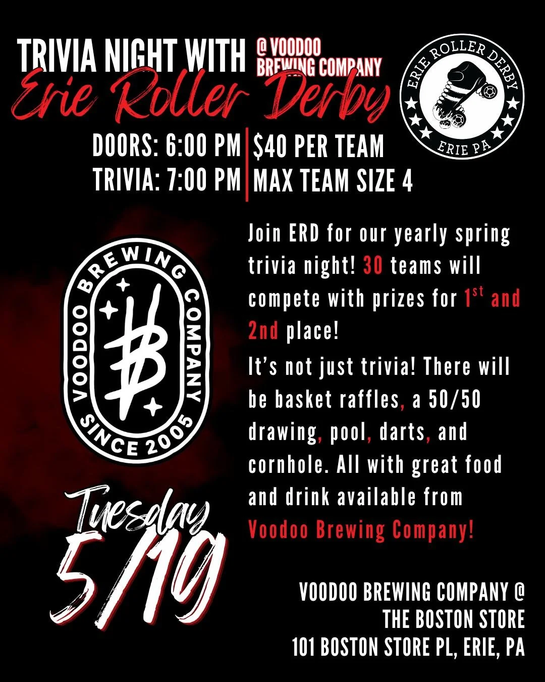 It's time for ERD's yearly trivia night! This year, we're at a new location: @voodoobrewery!

We will be hosting 30 teams to compete in trivia across various categories! In addition to a prize for 1st and second place, enter to win basket raffles and