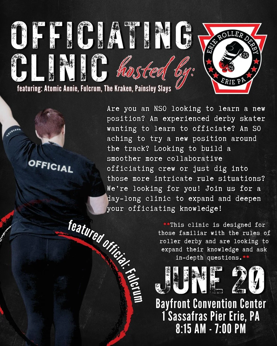 Erie Roller Derby is hosting a clinic for experienced officials featuring Fulcrum, Atomic Annie, The Kraken, and Painsley Slays!

Are you an NSO looking to learn a new position? An experienced derby skater wanting to learn to officiate? An SO aching 