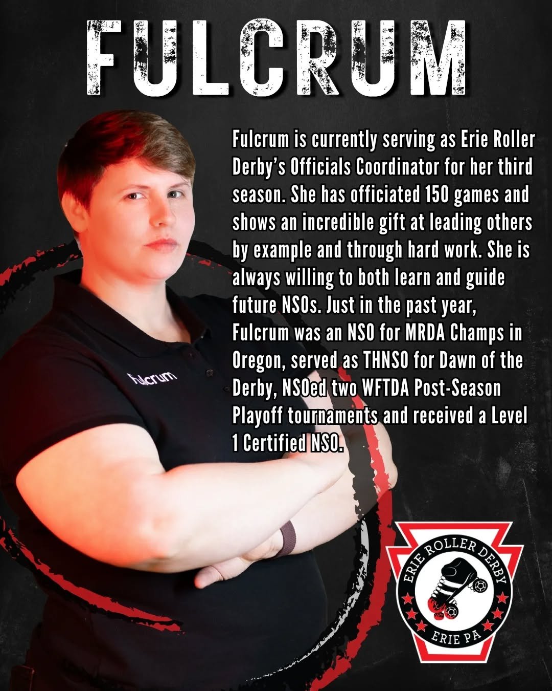 We're less than a month away from our 2026 Officiating Clinic! Over the next few weeks we'll be introducing the NSOs and SOs who will be running our clinic. First up is a crucial member of ERD, Fulcrum!

Fulcrum is currently serving as Erie Roller De