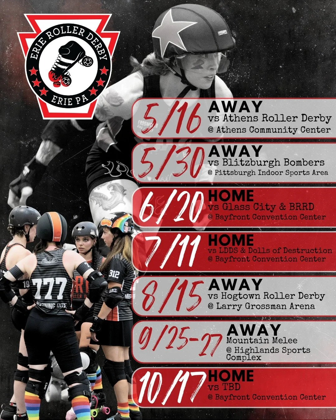 If you wanted more derby action (and we know you did), we have you covered! We're adding 10/17 to our home schedule, and we've turned our 6/20 bout into a double header!

This season, our home bouts will take place at the Bayfront Convention Center a