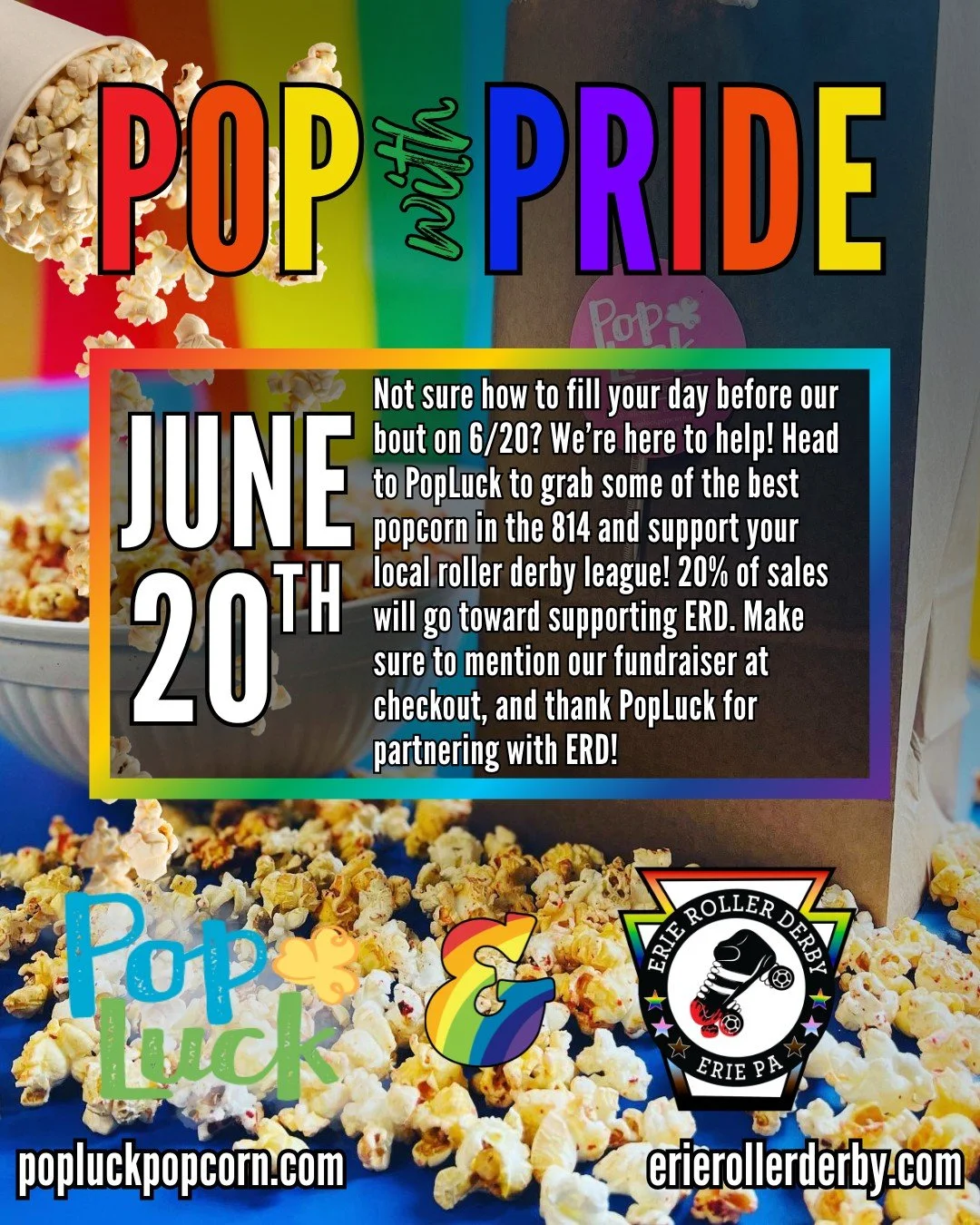 Not sure how to fill your day before our bout on 6/20? We&rsquo;re here to help! Head to @popluckpopcorn to grab some of the best popcorn in the 814 and support your local roller derby league! 20% of sales will go toward supporting ERD. Make sure to 