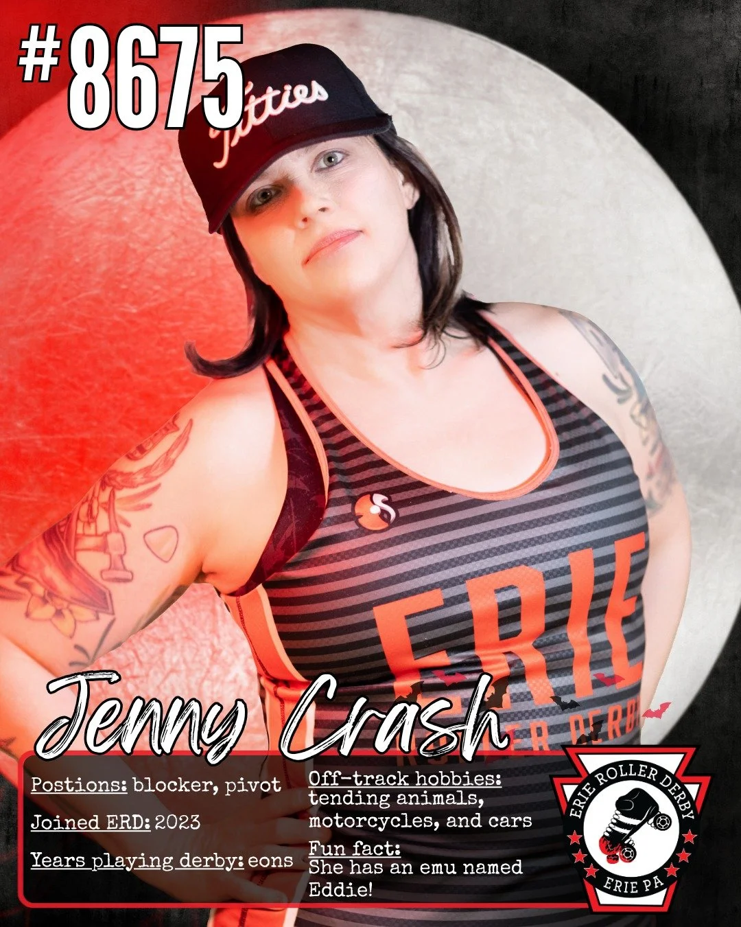 She's there whenever teammates call! Today, the ERD spotlight is shining on #8675 Jenny Crash! Jenny has been rolling with Erie Roller Derby since 2023, but she's been tearing up the track for MUCH longer. She's putting that experience to work this s
