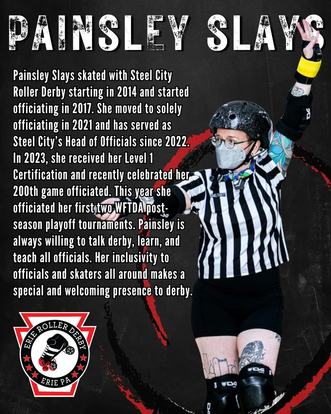 We're only a few weeks away from our 2026 Officiating Clinic! Today we're introducing the last of the officials running our clinic. This SO is as beloved as she is beloved within the derby community. It's Painsley Slays!

Painsley Slays skated with S