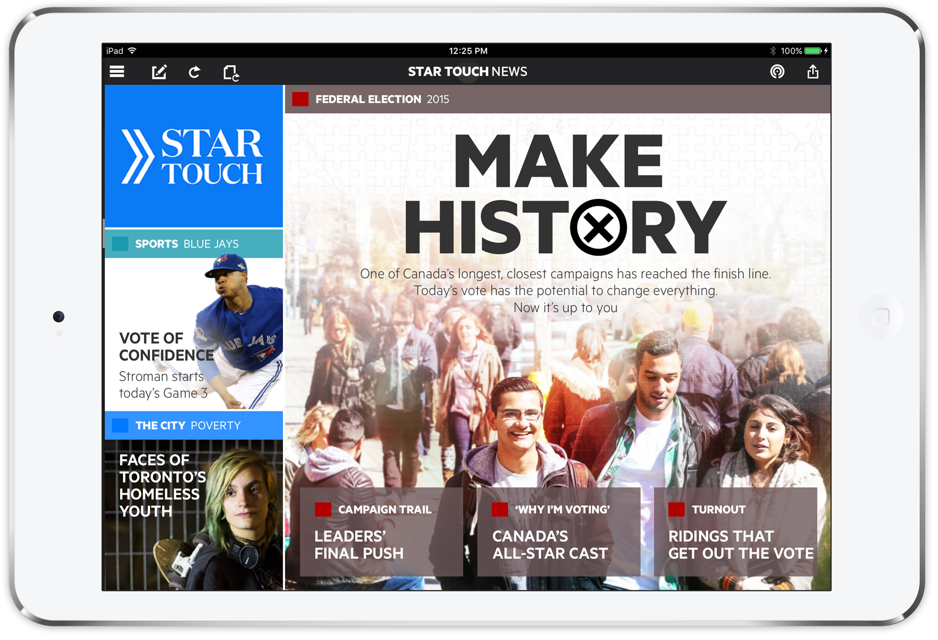 The 2015 Canadian Federal Elections screens for Star Touch on the iPad.