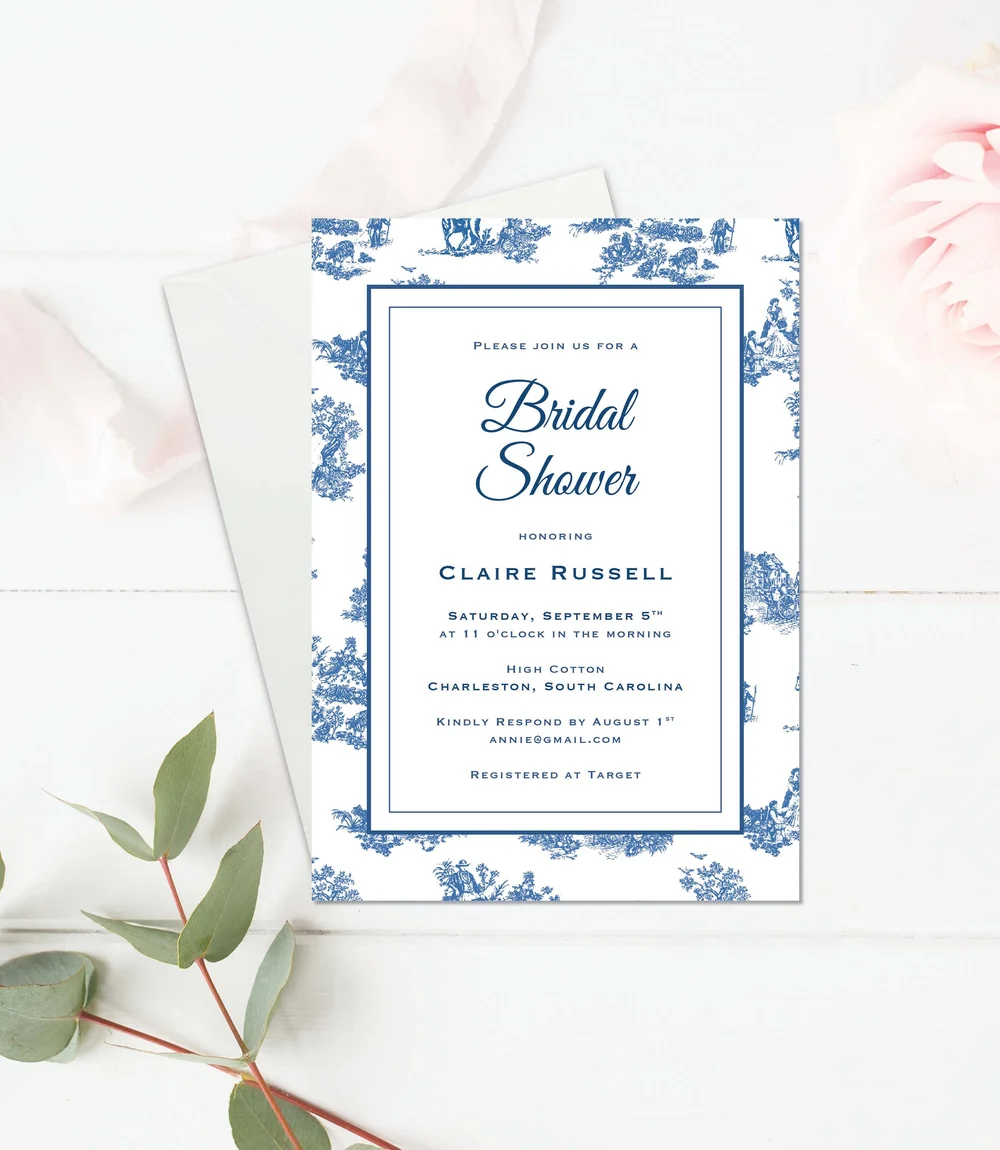 Blue and White Southern Toile Ginger Jar Bridal Shower Invite Templates.  Wedding Shower Download and Customize with Templett.Custom Wording — Pink  ..., image size:1000x1150