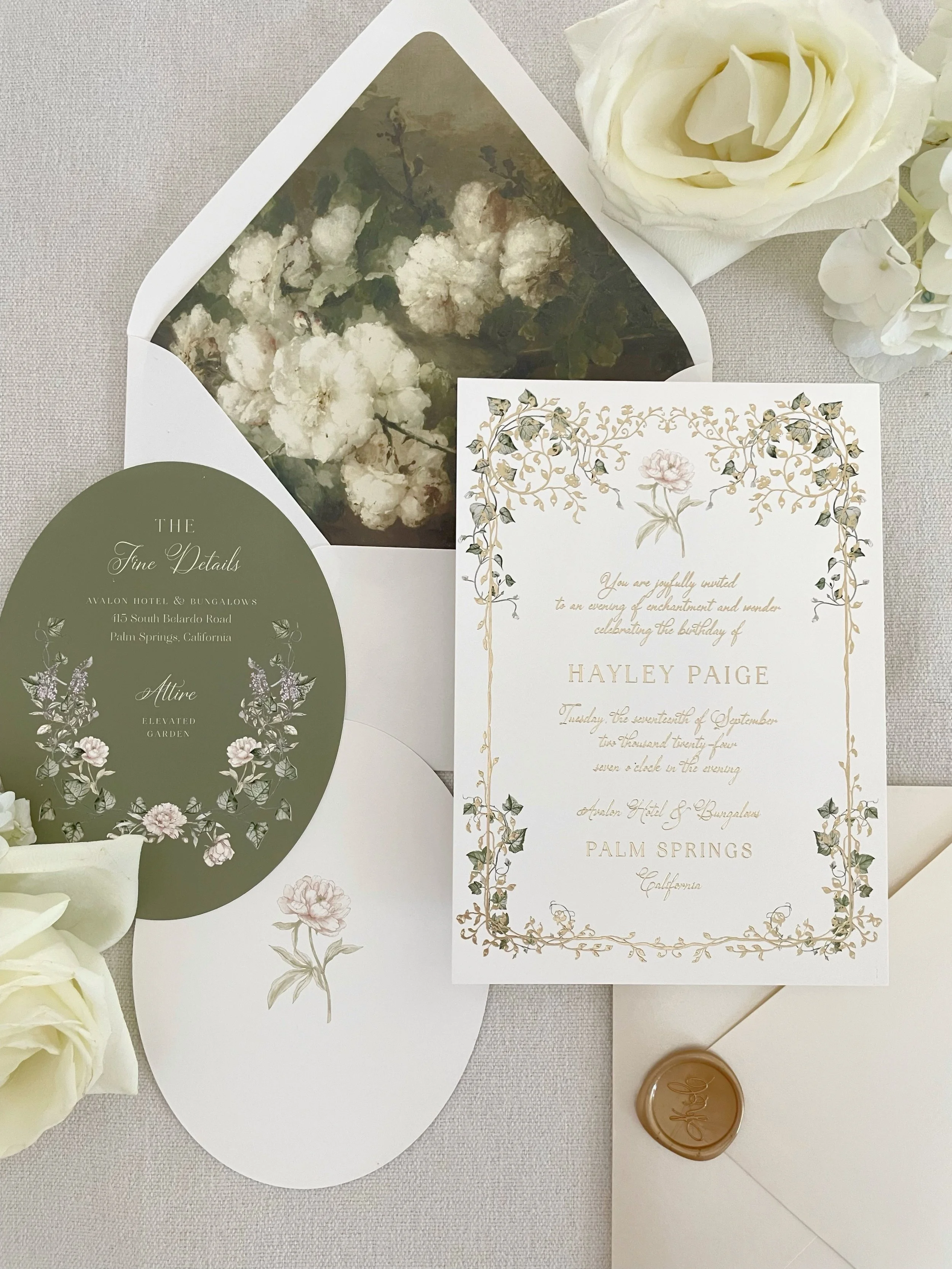 Who says the most beautiful invitations are only for weddings?

This custom birthday suite was designed for a lux evening for @misshayleypaige at a @societeinsider retreat. So many favorite elements&hellip; Watercolor ivy and gold foil vines, die-cut