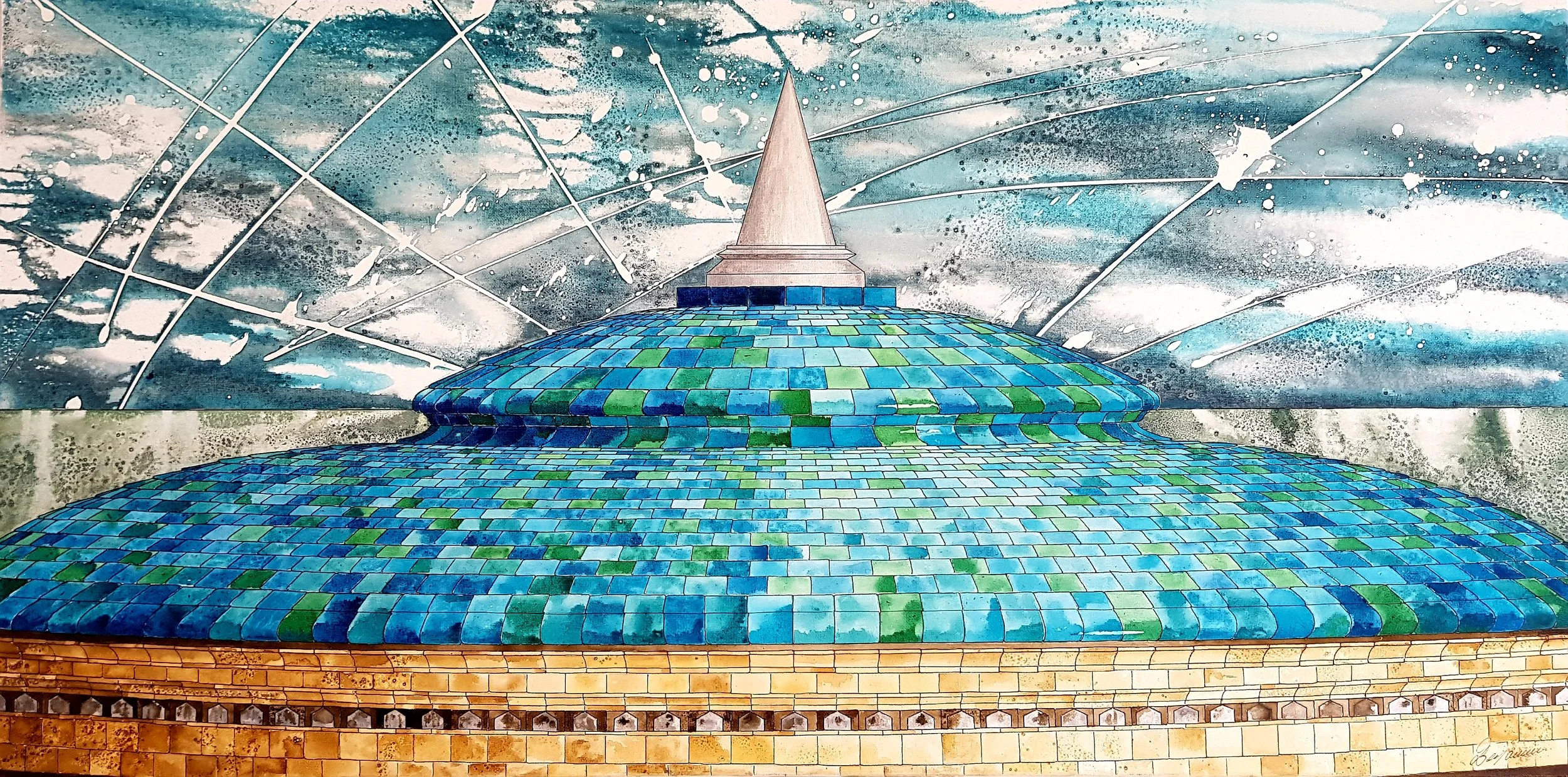 Eastbourne Bandstand 100 x 50cm pen and ink on box canvas