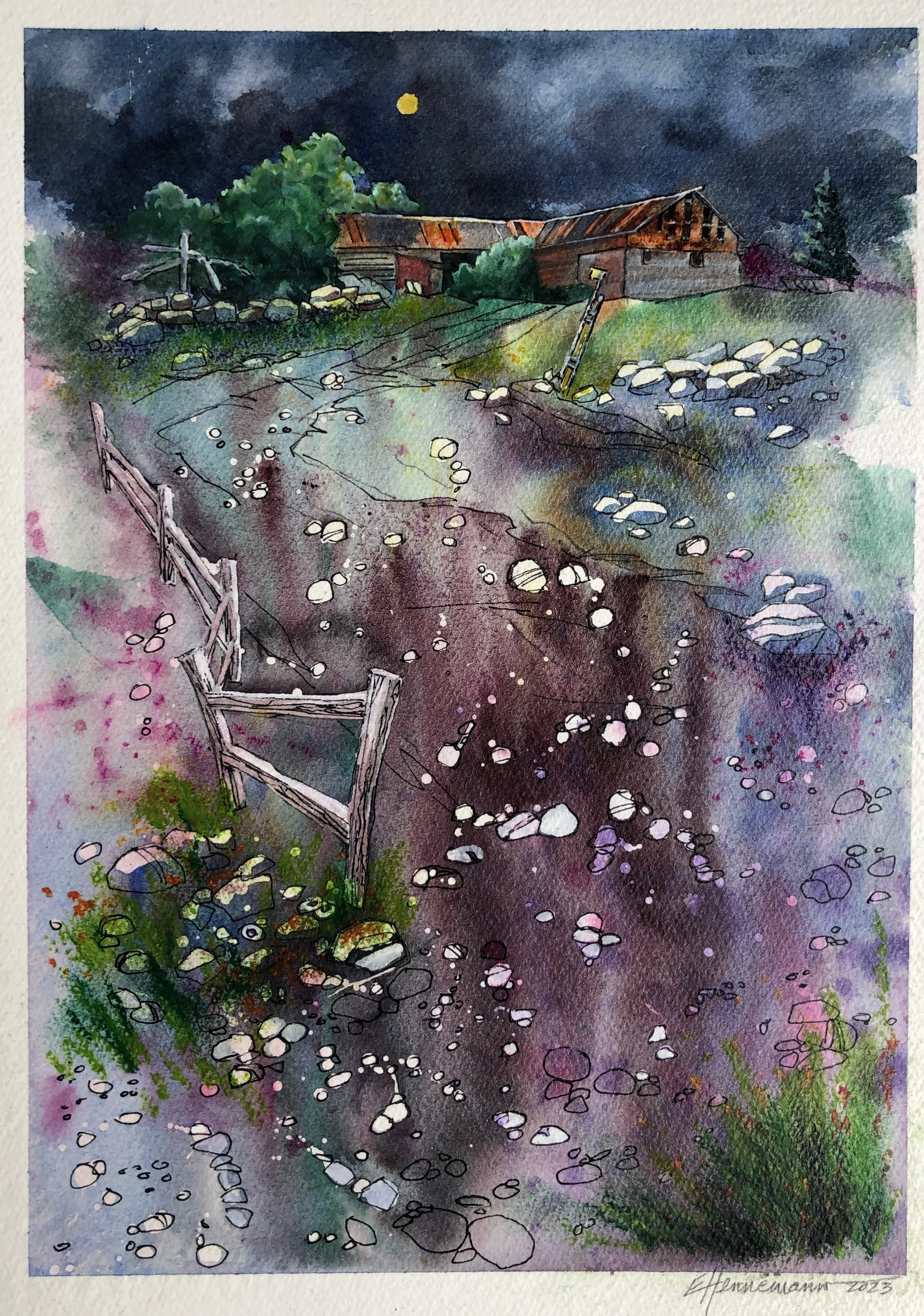 Moonlight Barns  • 11 ⅜"  15 ⅛" • Watercolour • 300lb Arches on ¼” Hardboard • Varnished •  SOLD