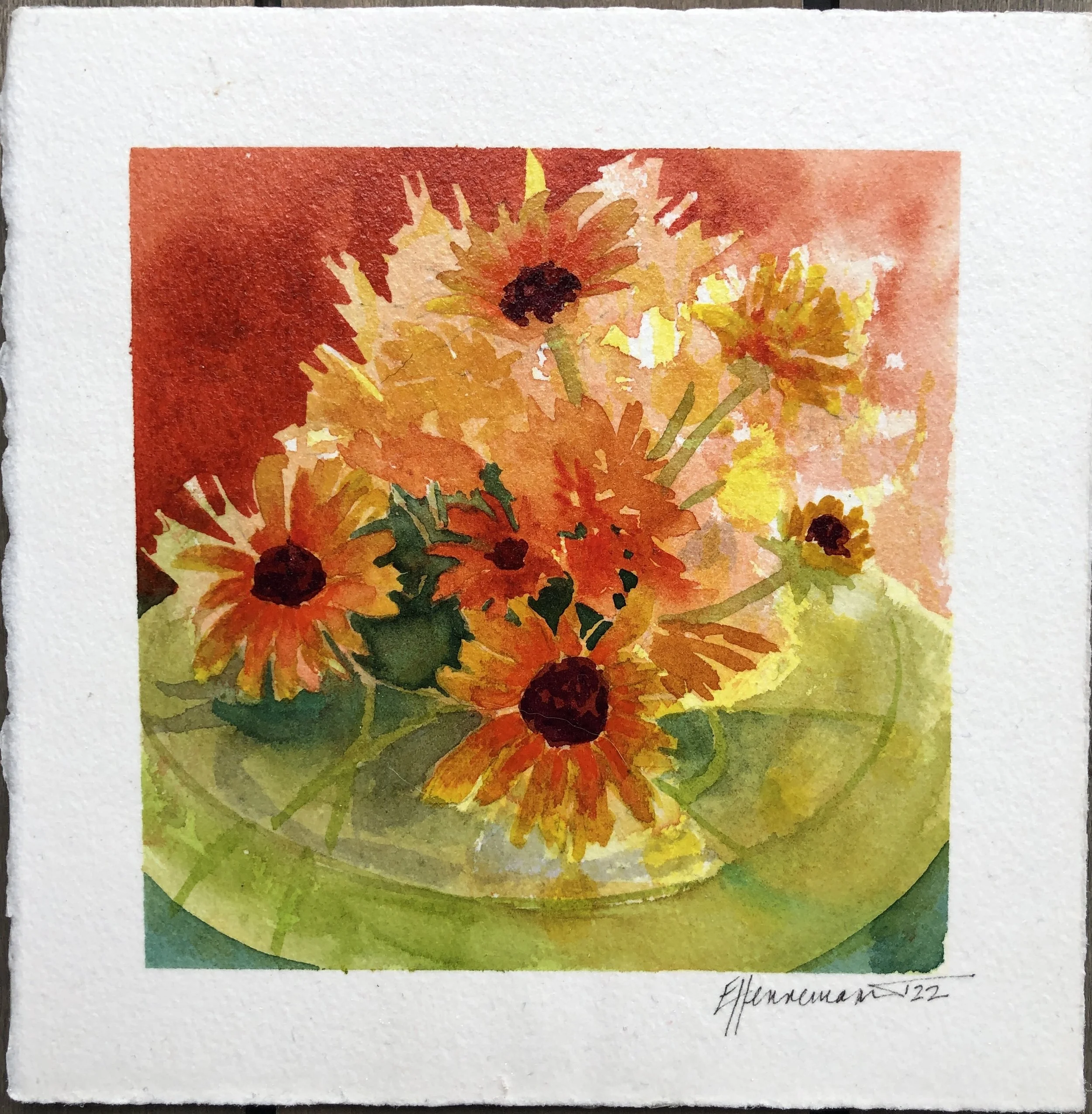Orange Flowers • 7 ⅜" x 7 ½"  • 6" x 6"• Watercolour • 300lb Arches on ¼” Hardboard • Varnished • SOLD
