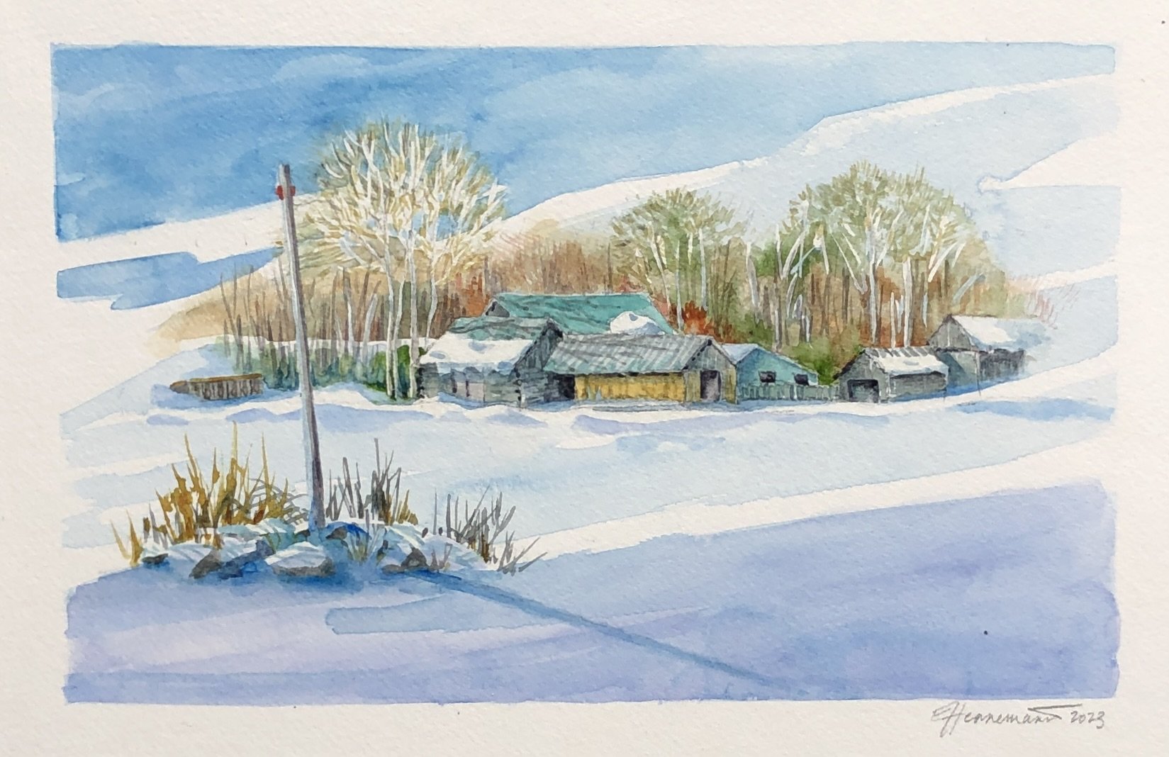 Blue Light Barns • 8x12” • Watercolour • 300lb Arches on ¼” Hardboard • Varnished • $175 