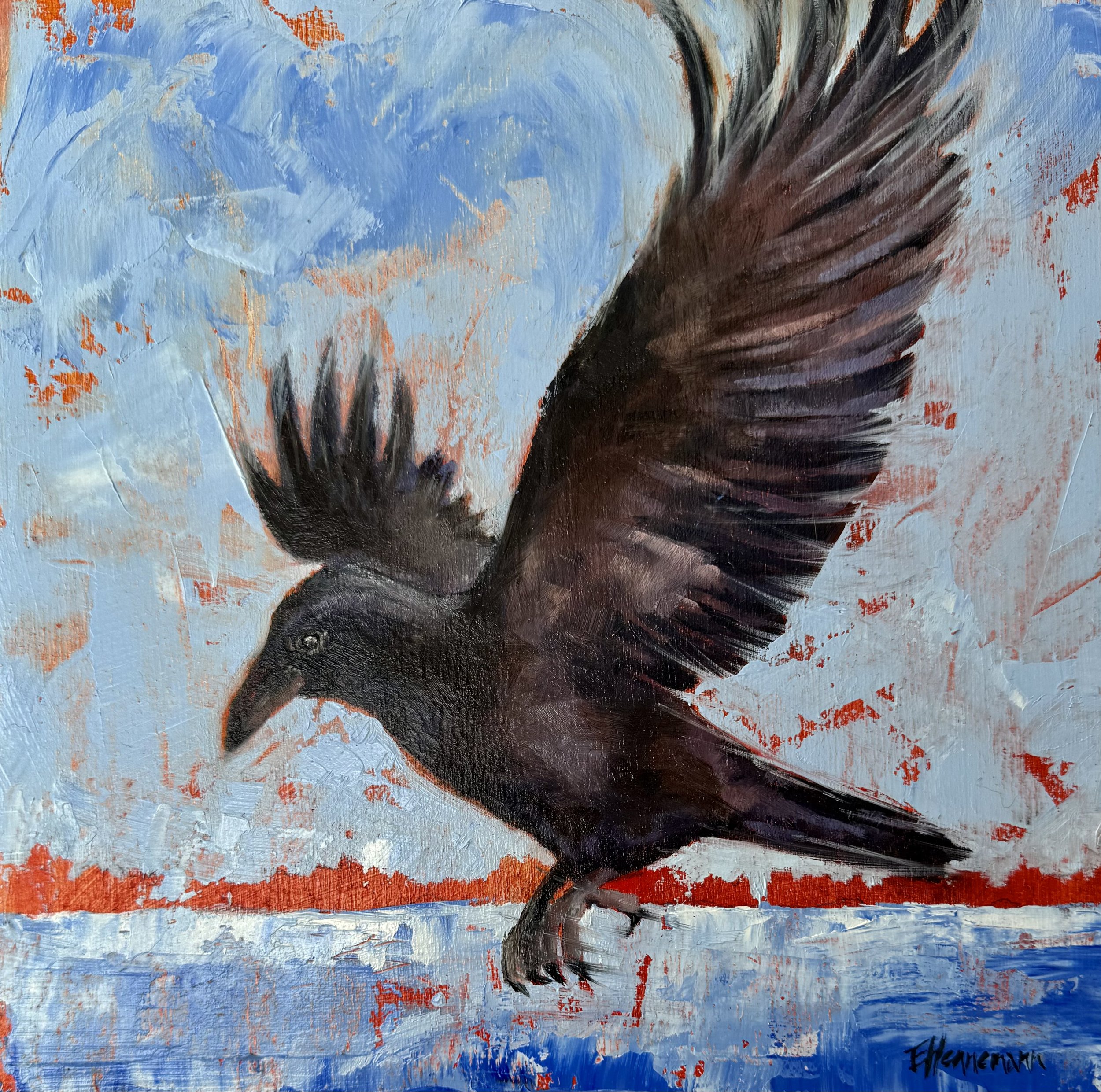Blue Sky Raven 2025 10×10 wood gallery panel oil $185