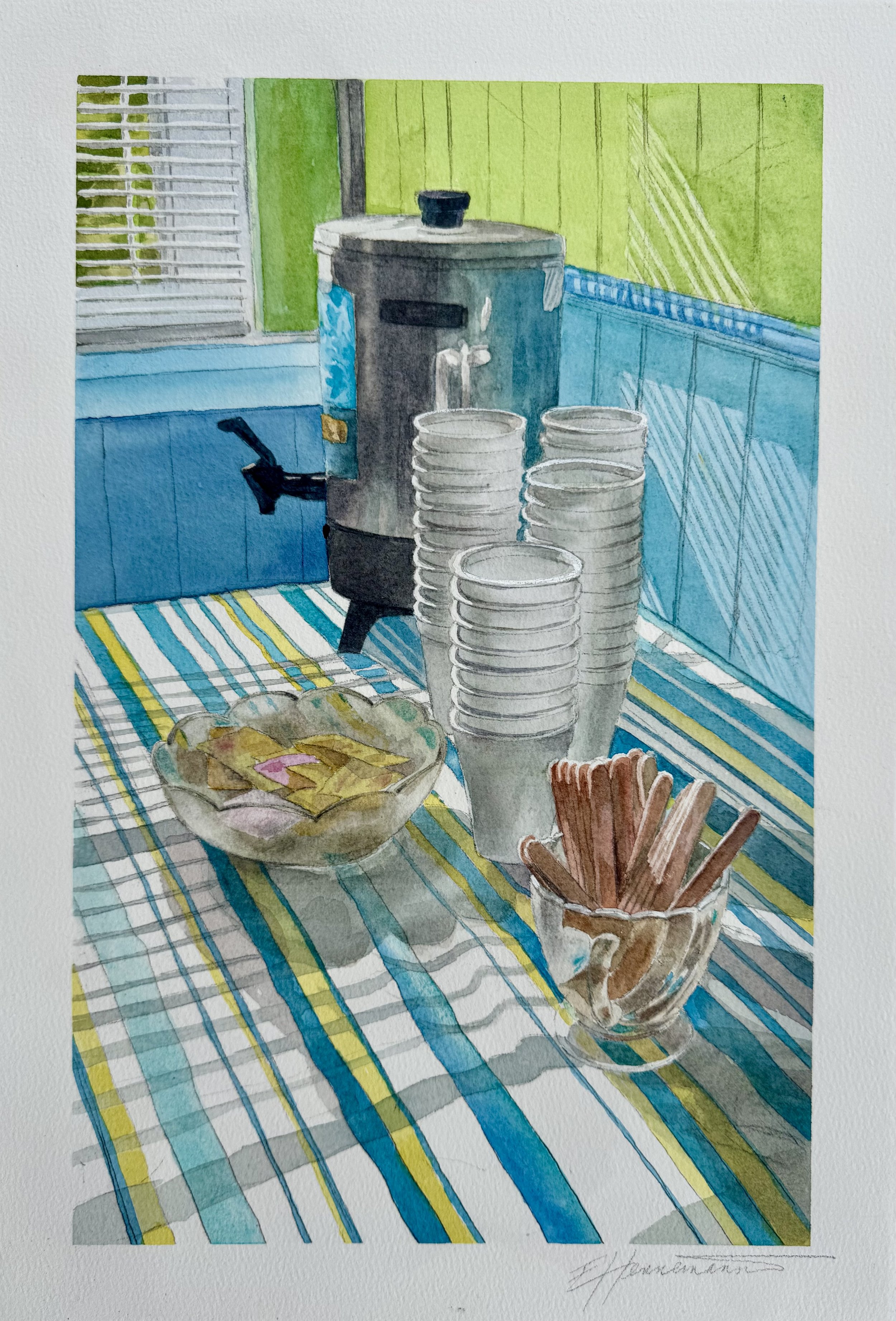 Welcome. Have a Coffee / 10” x 15.75” Watercolour, 300lb Arches paper mounted and varnished on tempered hardboard. $375