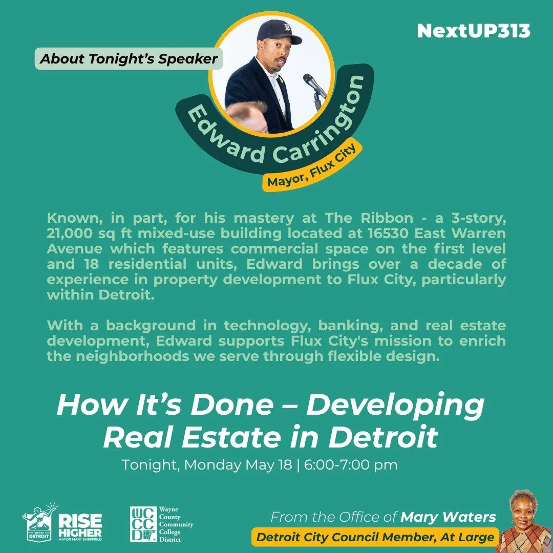 If you&rsquo;re interested in real estate development, construction, entrepreneurship, neighborhood revitalization, or simply learning how projects actually get built in this city&hellip; pull up tonight!

Eddy will be speaking at NextUP313&rsquo;s &