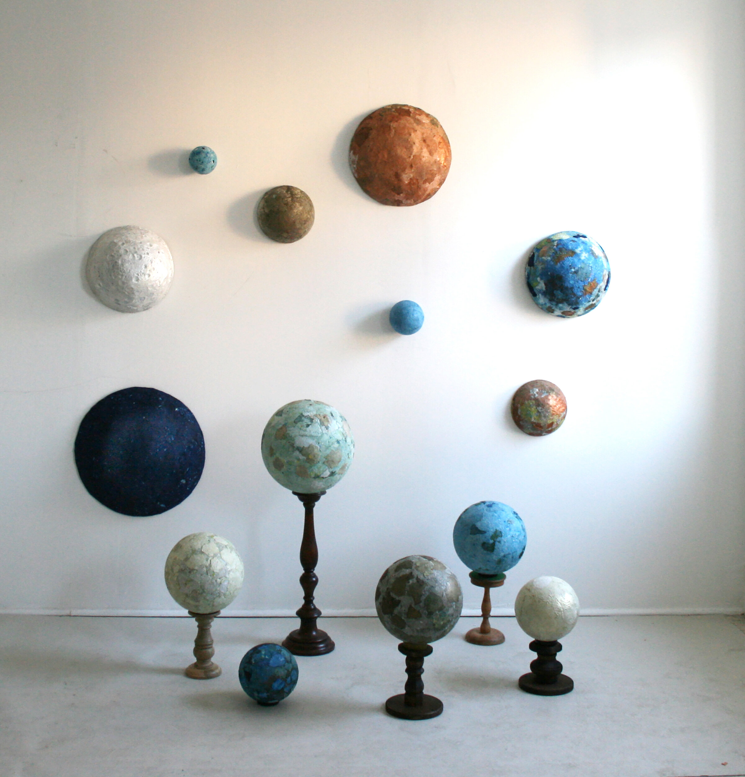  Possible Planets, H 72”, W 72”, D 46.5”, artist cast and pigmented Abaca/cotton and wood, 2021   