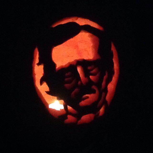 Happy Halloween, from The Book Lady's overachieving pumpkin carver. #thebookladybookstore #thebooklady #halloween #pumpkin #pumpkincarving #poe #edgarallanpoe #jackolantern