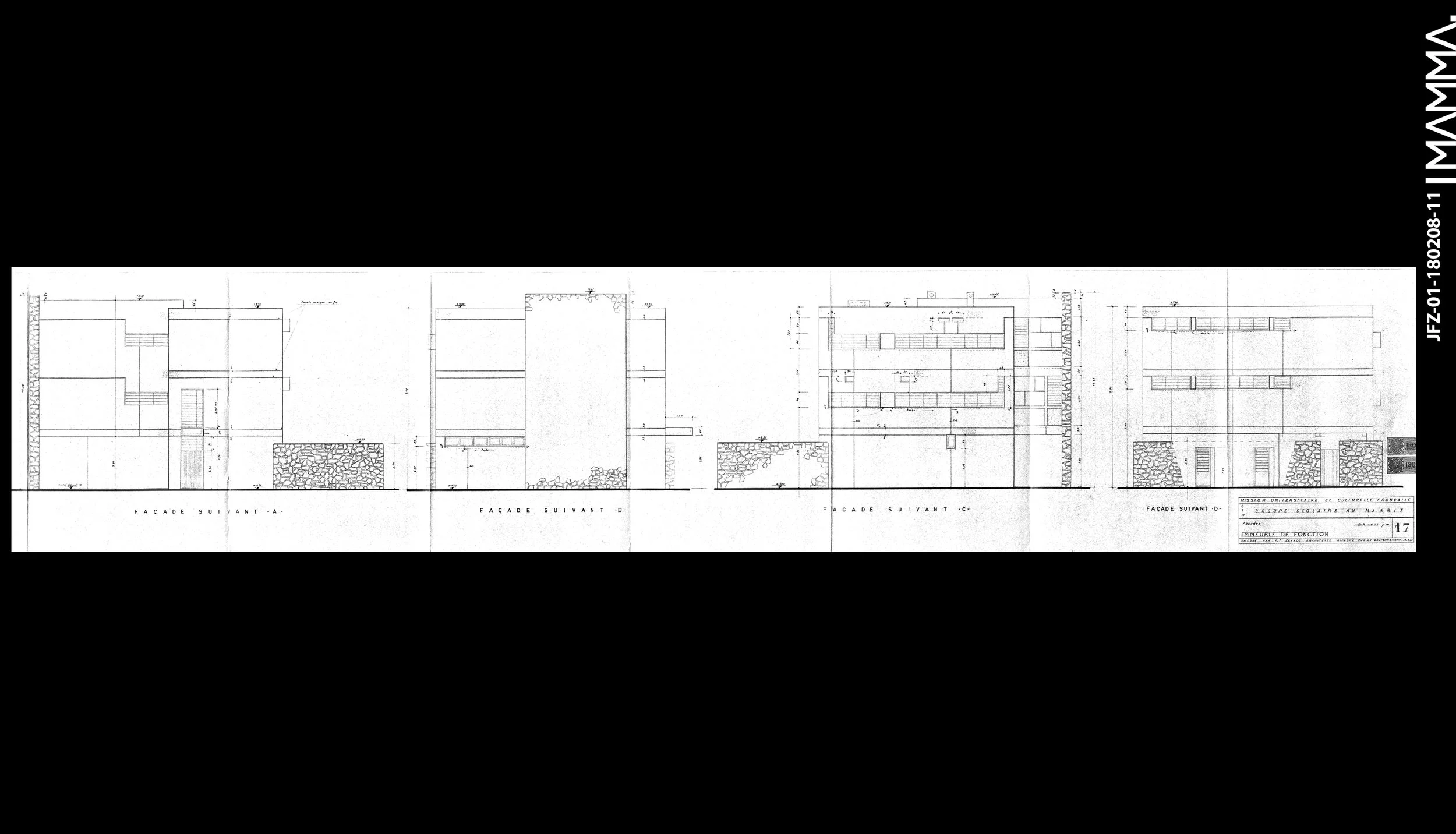 1960-Groupe Scolaire au Maarif (Ecole Théophile Gauthier) Agence: Jean François Zevaco Contenu: Façade Immeuble de fonction Dimensions: 162,2 x 31,2 cm © MAMMAARCHIVE Réf: MAMMA- JFZ-01-180208-11