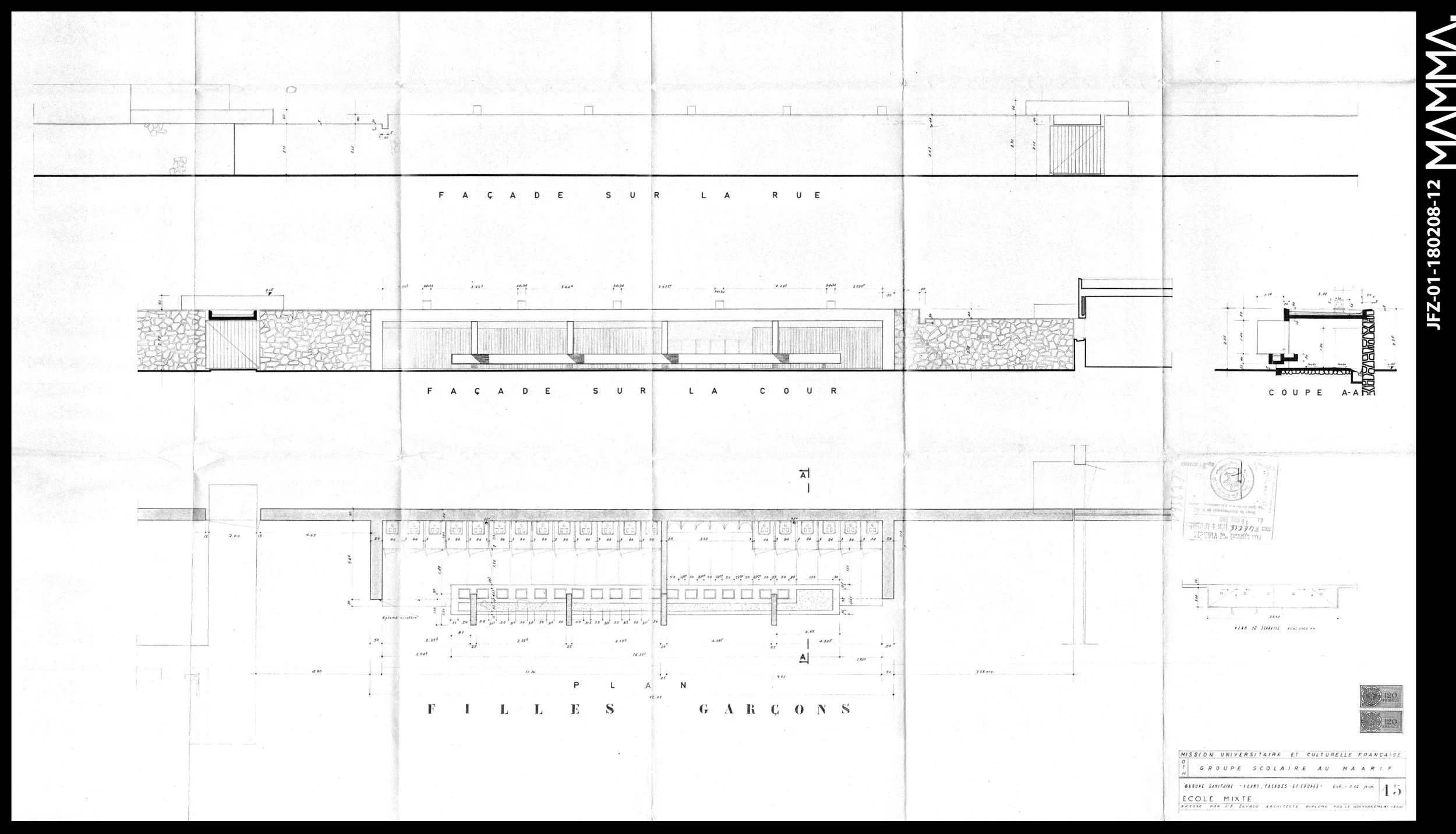 1960-Groupe Scolaire au Maarif (Ecole Théophile Gauthier) Agence: Jean François Zevaco Contenu: Plan, Façade, Coupe - Groupe Sanitaires Dimensions: 120,6 x 70,6 cm © MAMMAARCHIVE Réf: MAMMA-JFZ-01-180208-12