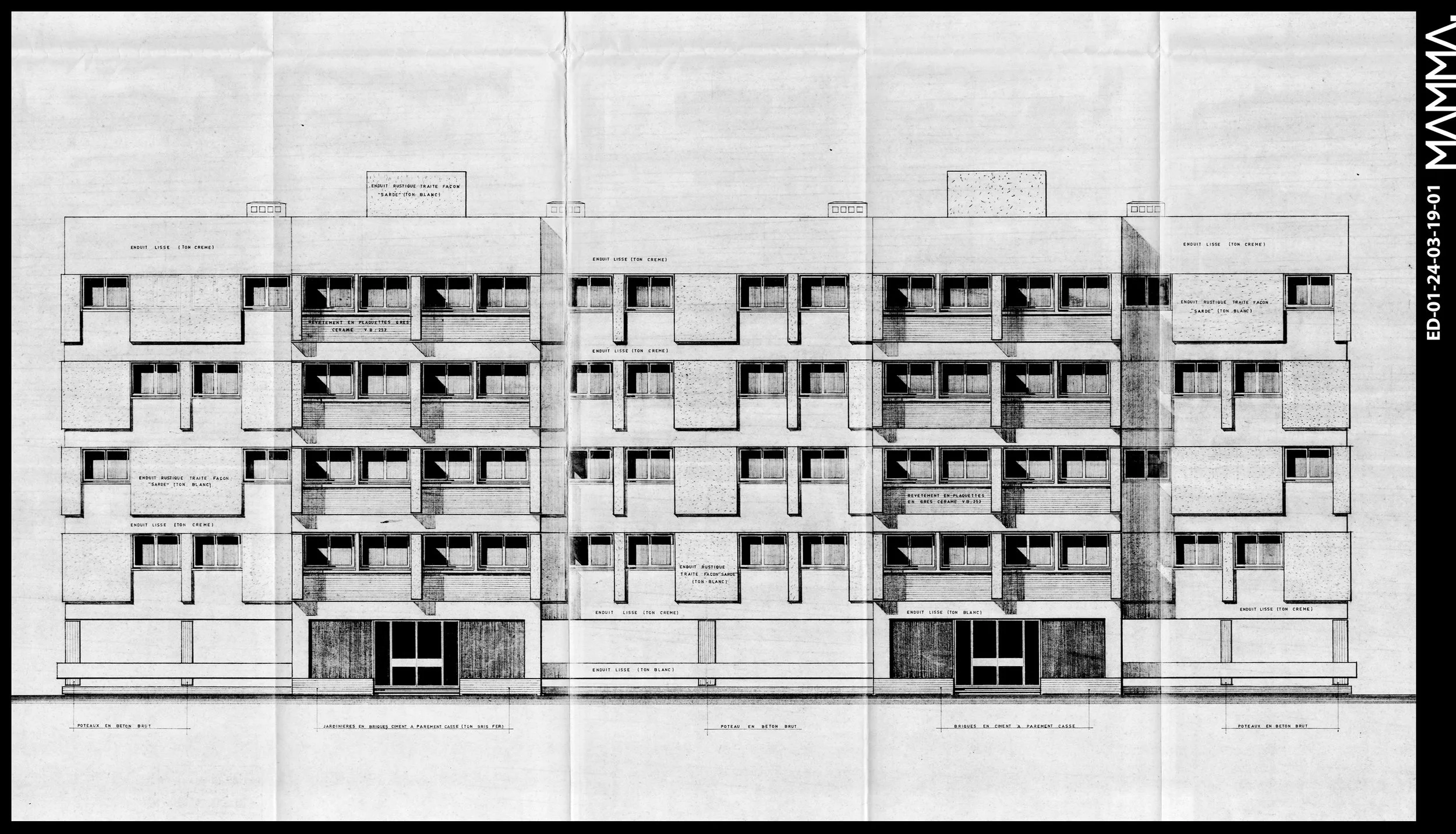 1972-2 Immeubles de 16 Logements- ONCF à Casablanca Agence: Emile Duhon Contenu: Façade principale Dimensions: 126,5 x 66,24 cm © MAMMAARCHIVE Réf: MAMMA- ED-01-24-03-19-01