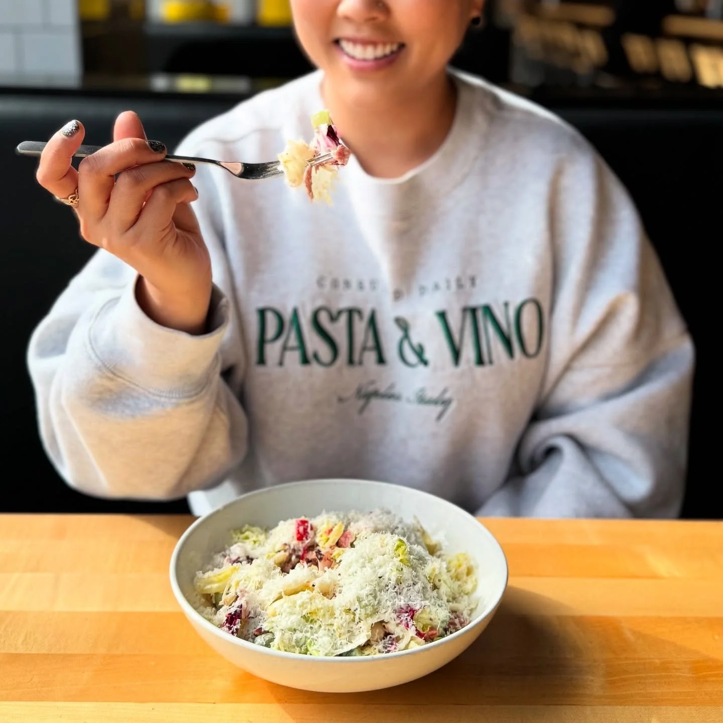 Has a salad made you smile this hard? 🥗 Our chopped salad with green olive, salami, pecorlno, and creamy Italian dressing is the perfect start to a pasta fairy tale. We are open regular hours today from 11am-10pm. &hearts;️ 
&bull;
&bull;
&bull;
#pd