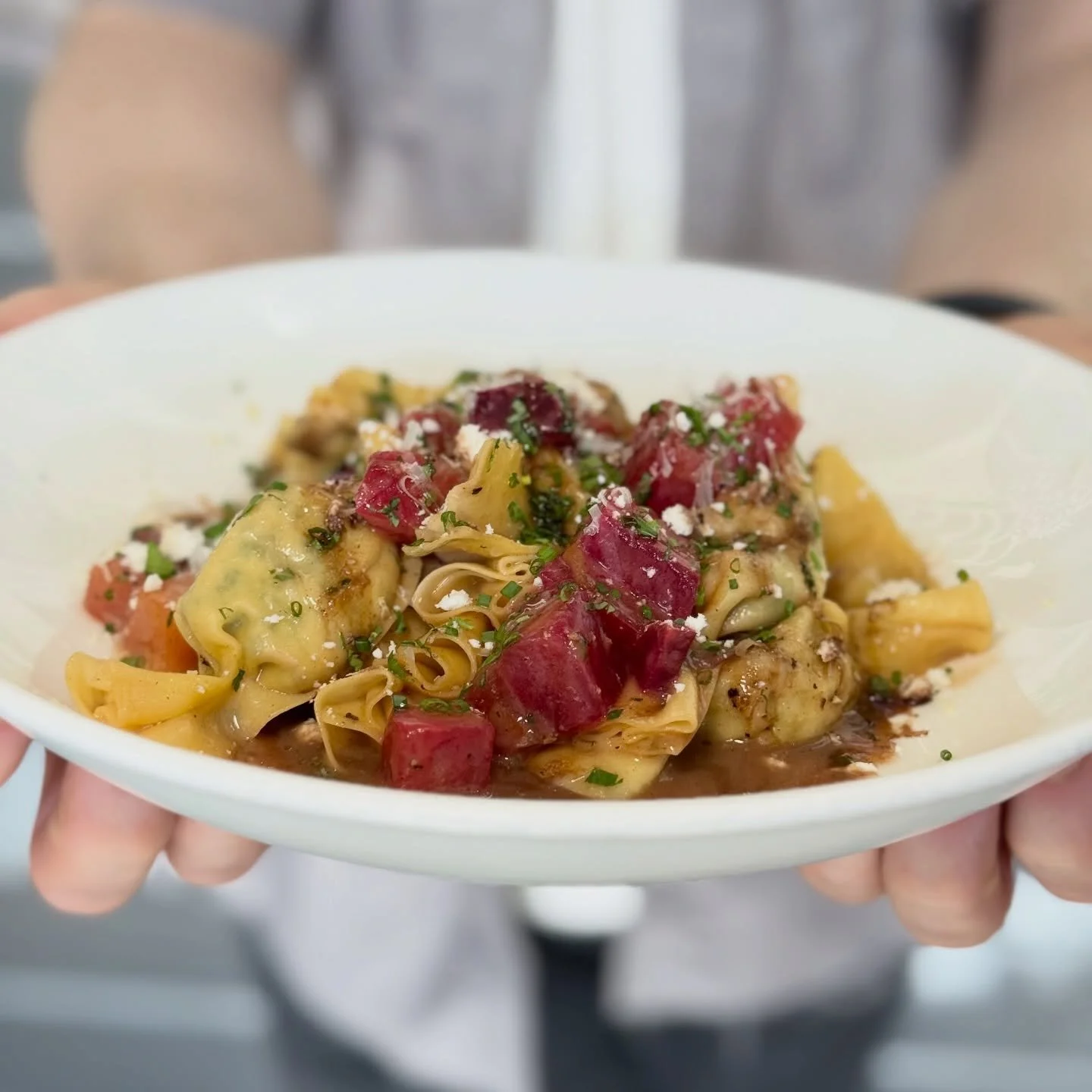 🆕 on the menu! 😋 Our Swiss Chard &amp; Ricotta Caramelle are little pasta &ldquo;candies&rdquo; wrapped around creamy ricotta, roasted beets, and finished with nutty brown butter. Unwrap the magic! 🍬🧈🌿 We open at 11am today! 
&bull;
&bull;
&bull