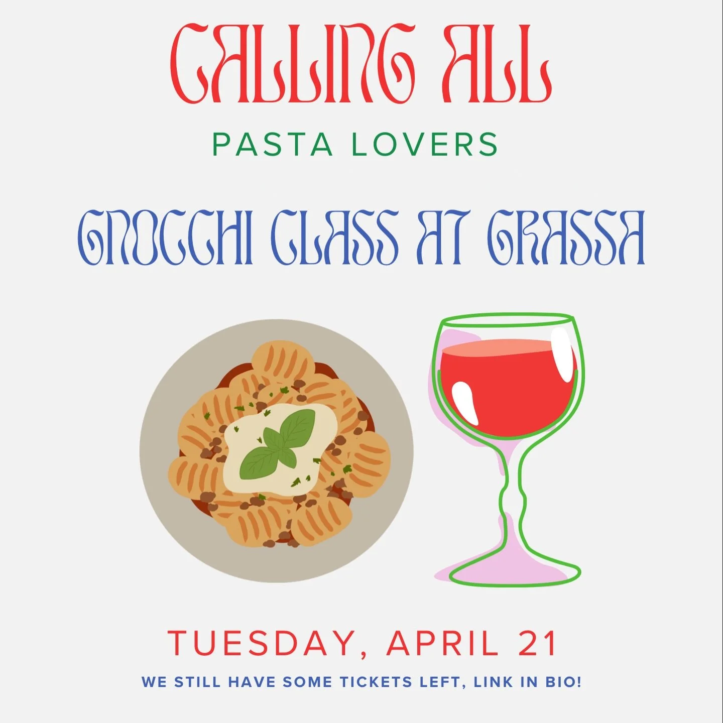WE STILL HAVE A FEW TICKETS LEFT! Link in bio! 😁 Our next pasta class (we will be focusing on gnocchi) is coming up on Tuesday, the 21st of this month! Make sure to reserve your spot, link in bio to purchase your tickets. 🎫 

This class will featur