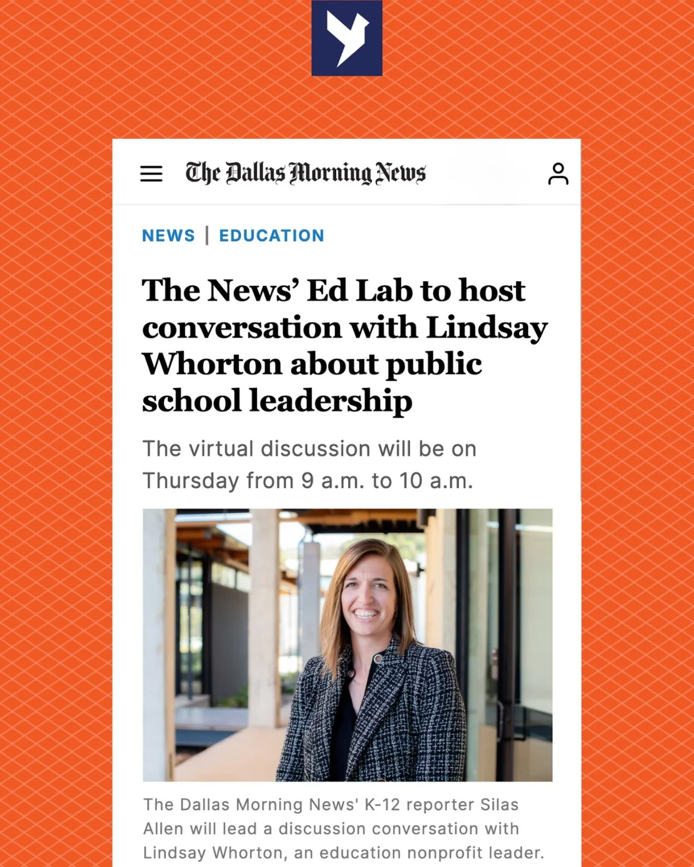 Our client, @holdsworthcenter, is making waves in Texas public school education. This Thursday, The @dallasnews Education Lab will host a virtual conversation with Dr. Lindsay Whorton, President &amp; CEO of The Holdsworth Center, on reimagining scho