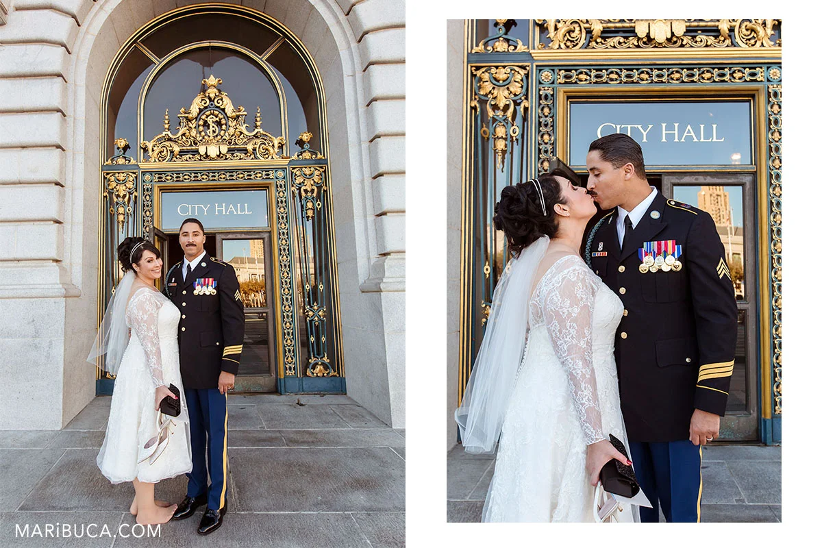Newlyweds enjoy each other outside of the San Francisco City hall and the sign in the background of the window “City Hall” California.