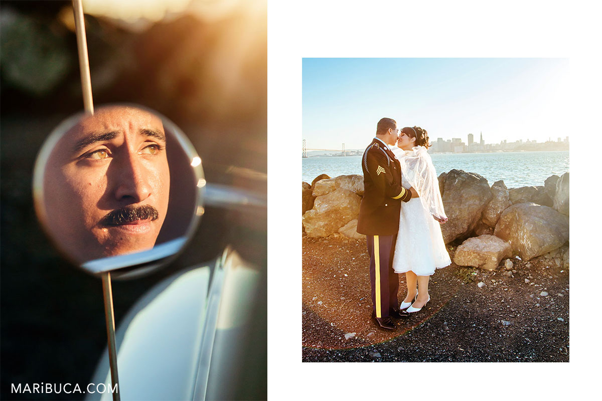 groom is looking to the future through the mirror. The bride and the groom is kissing each other in the an amazing view of San Francisco.